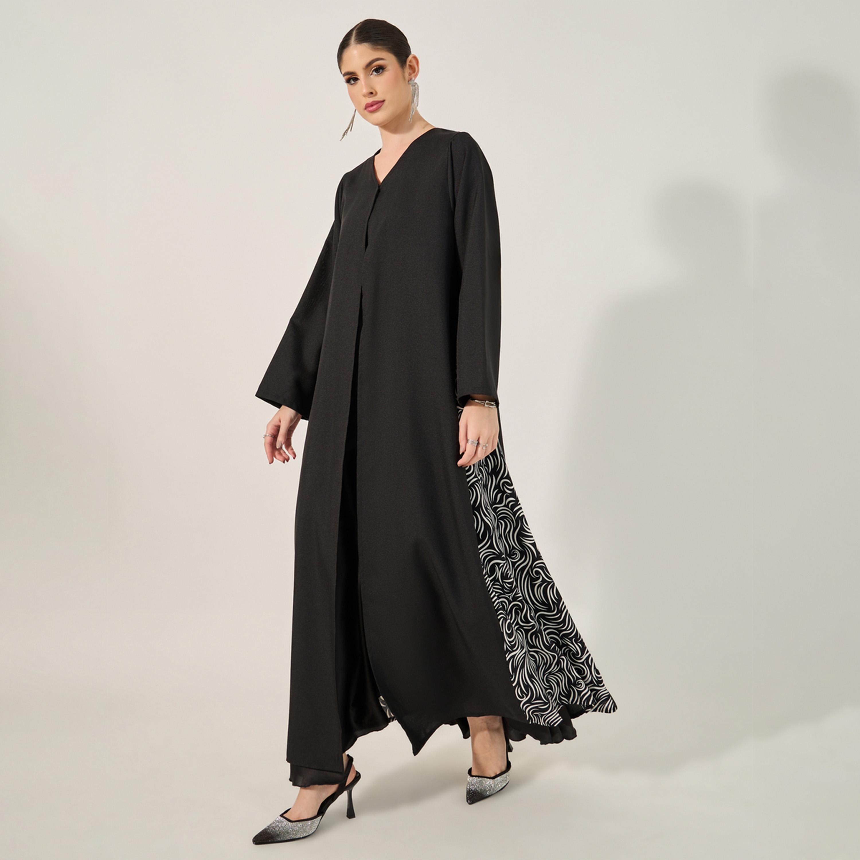 Styli Printed Side Panel V-Neck Abaya with Hijab-women-clothingaccessories-scarves-image-2