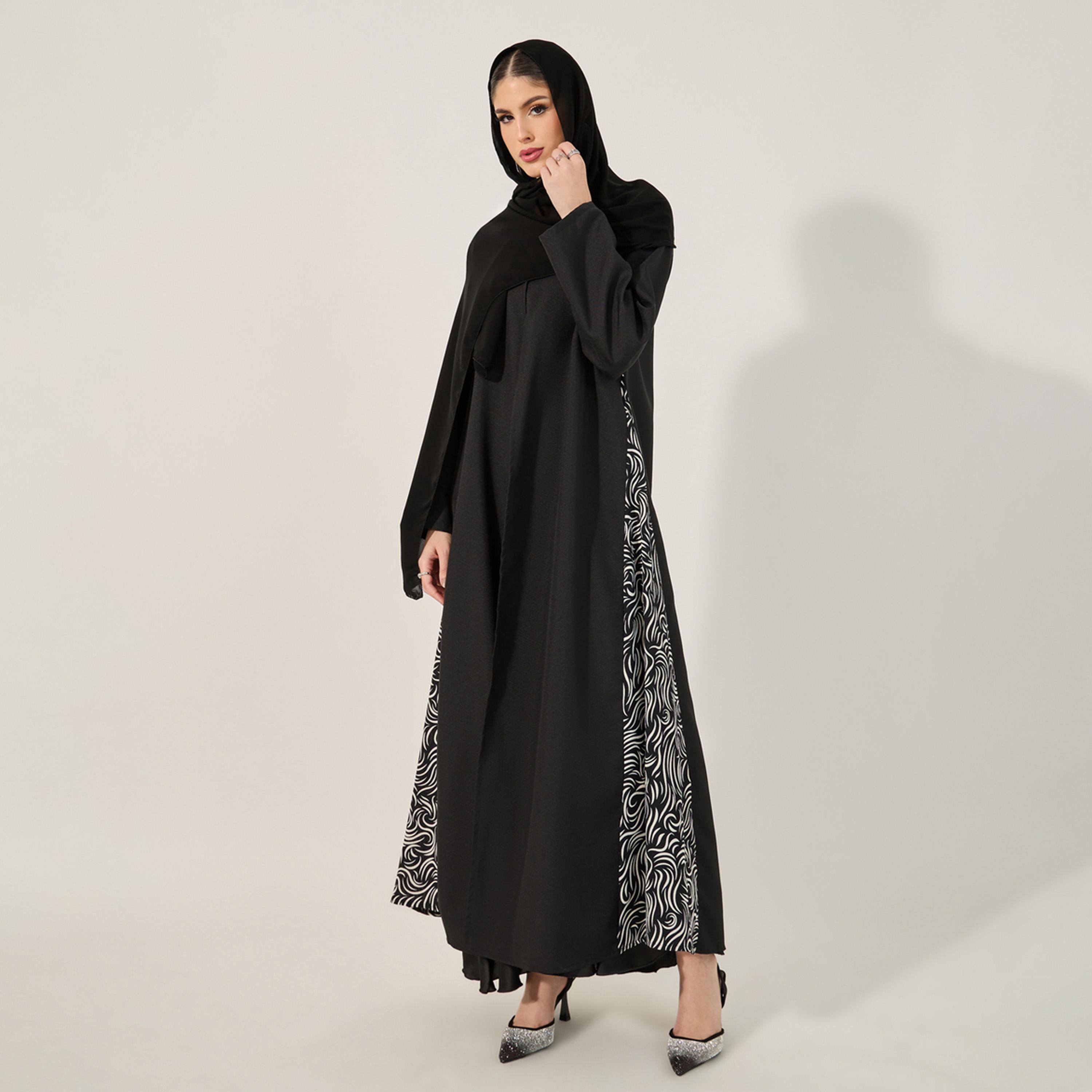 Styli Printed Side Panel V-Neck Abaya with Hijab-women-clothingaccessories-scarves-image-5