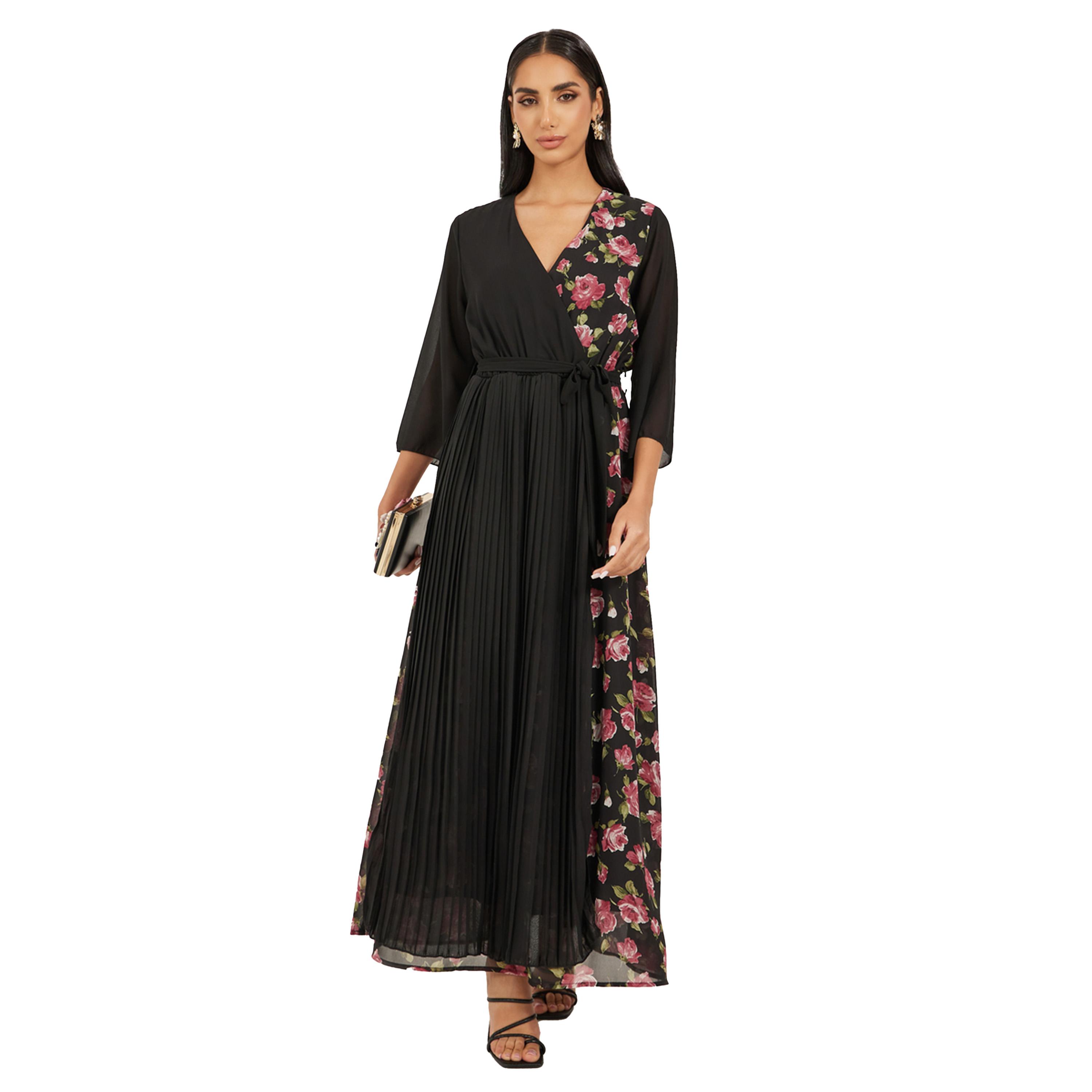 ستايلي - فستان ماكسي بطبعة زهور وأكمام ثلاثة أرباع وثنيات وقصة A-women-clothing-dresses-image-1