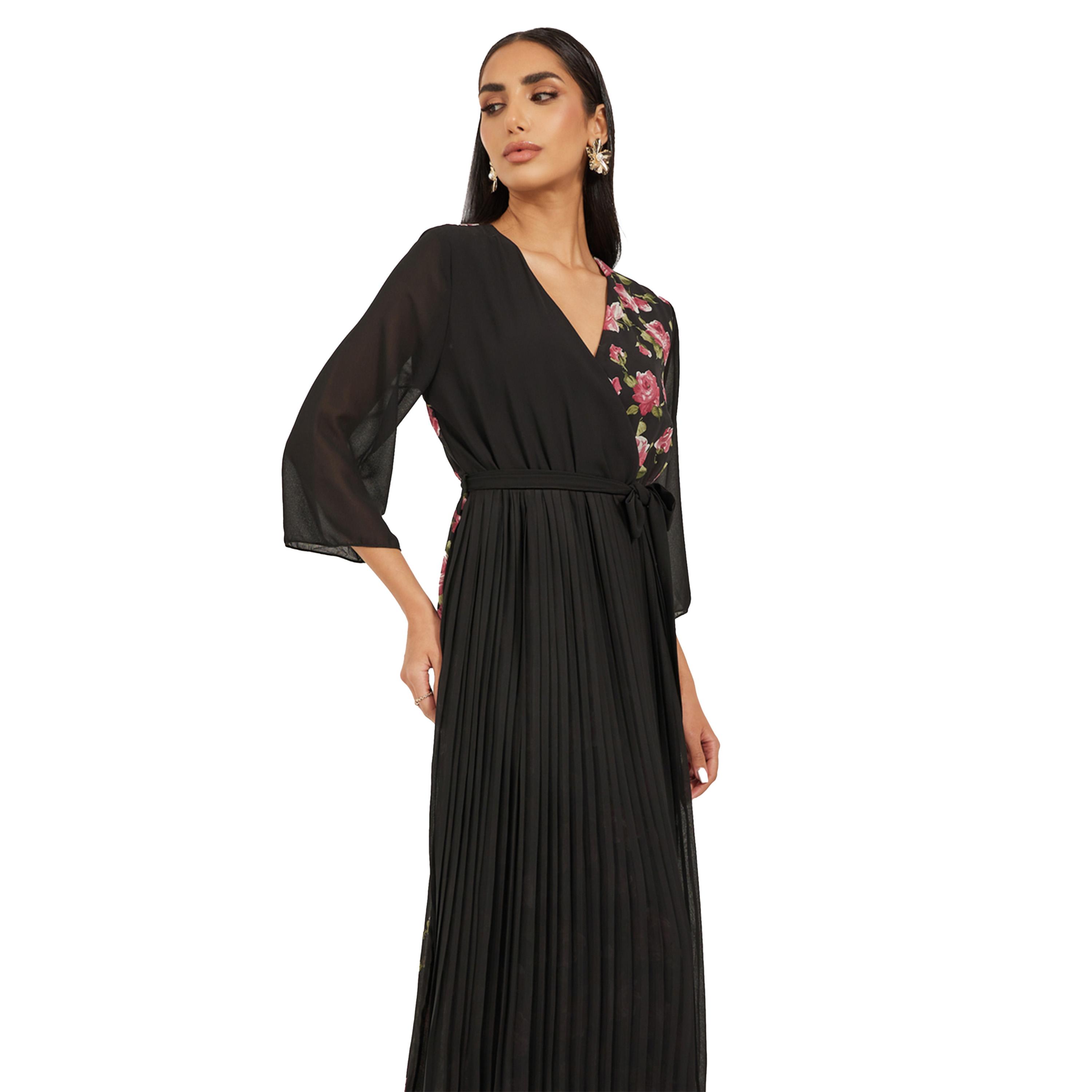 ستايلي - فستان ماكسي بطبعة زهور وأكمام ثلاثة أرباع وثنيات وقصة A-women-clothing-dresses-image-3