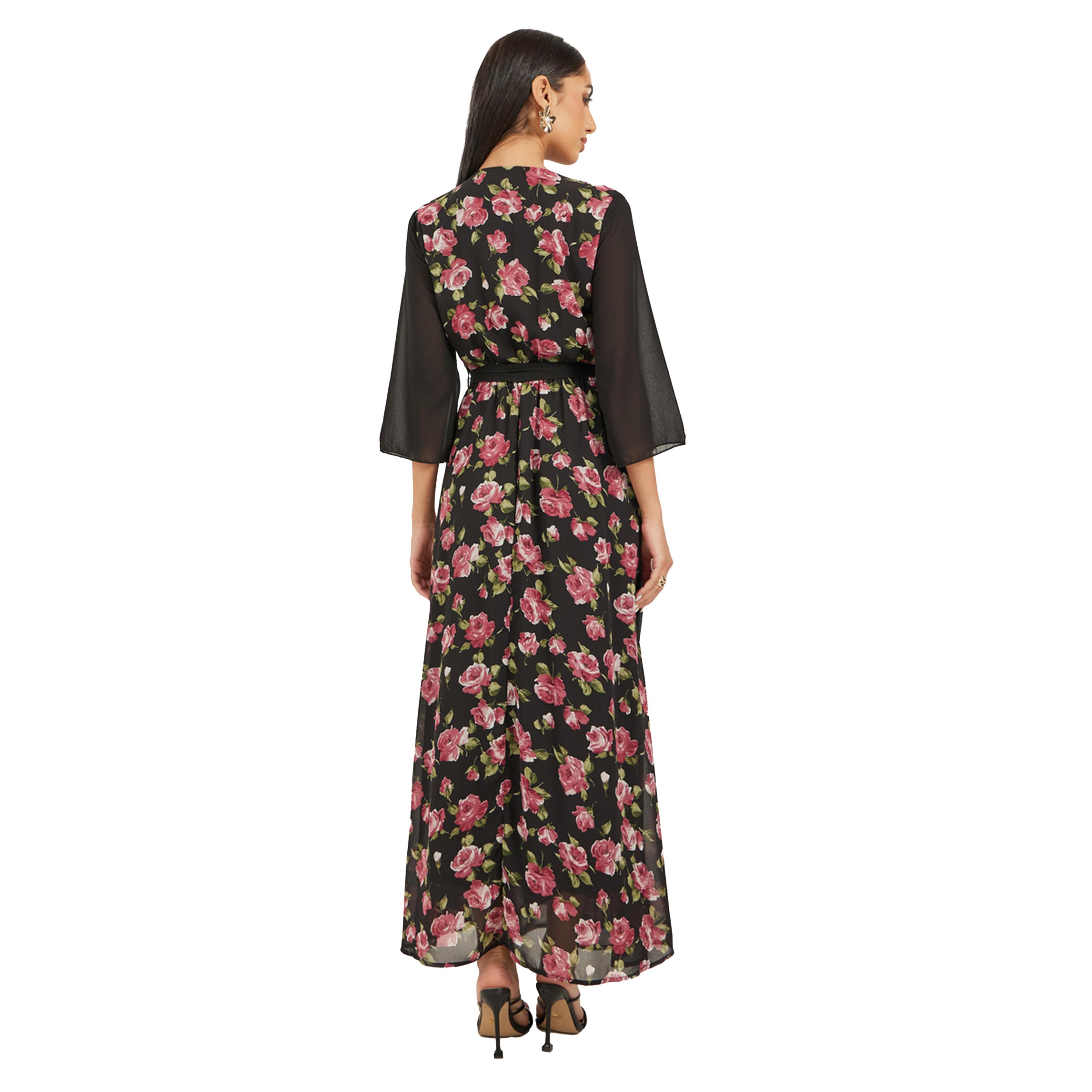 ستايلي - فستان ماكسي بطبعة زهور وأكمام ثلاثة أرباع وثنيات وقصة A-women-clothing-dresses-image-5