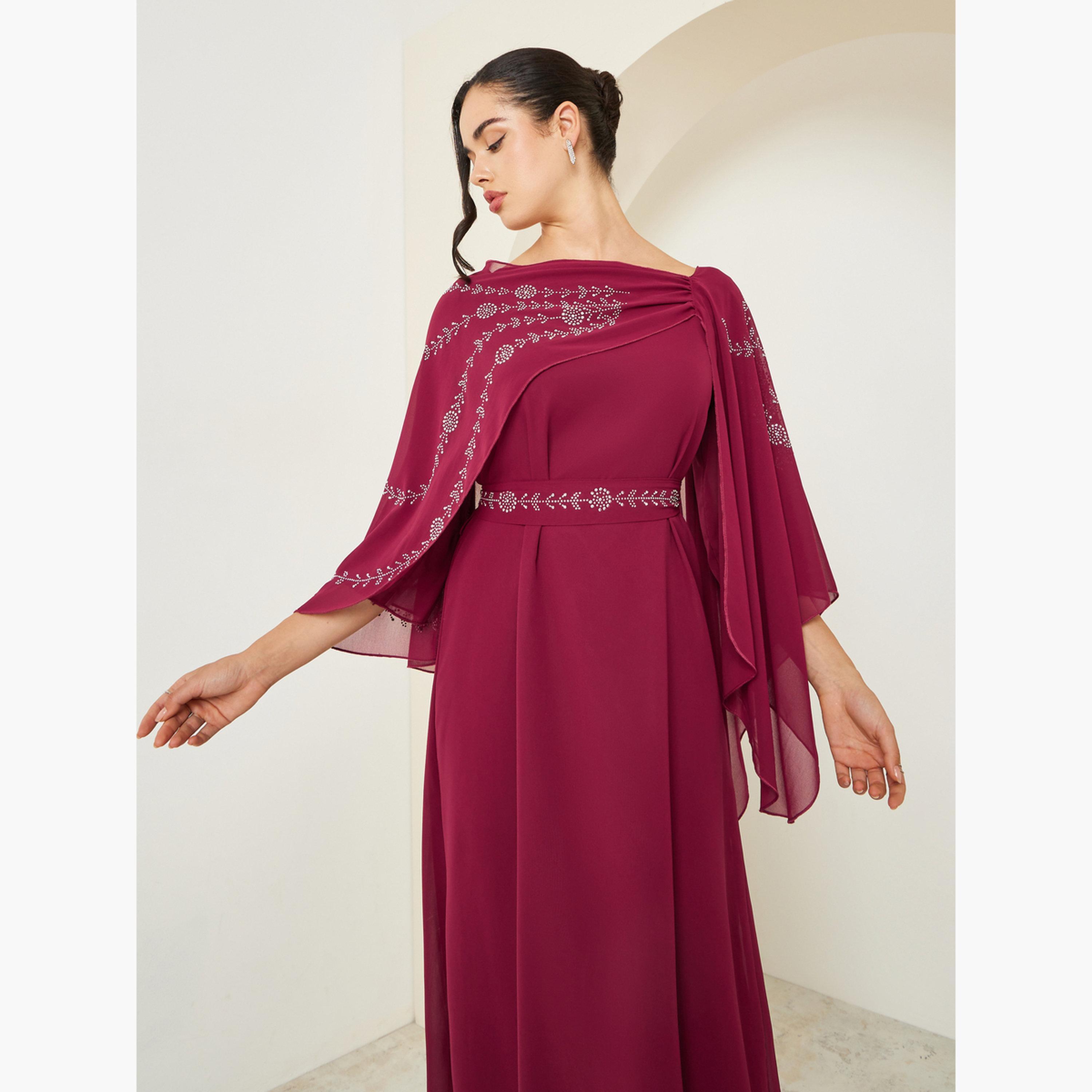 فستان طويل منمق مع أكمام كيب-women-clothing-dresses-image-2