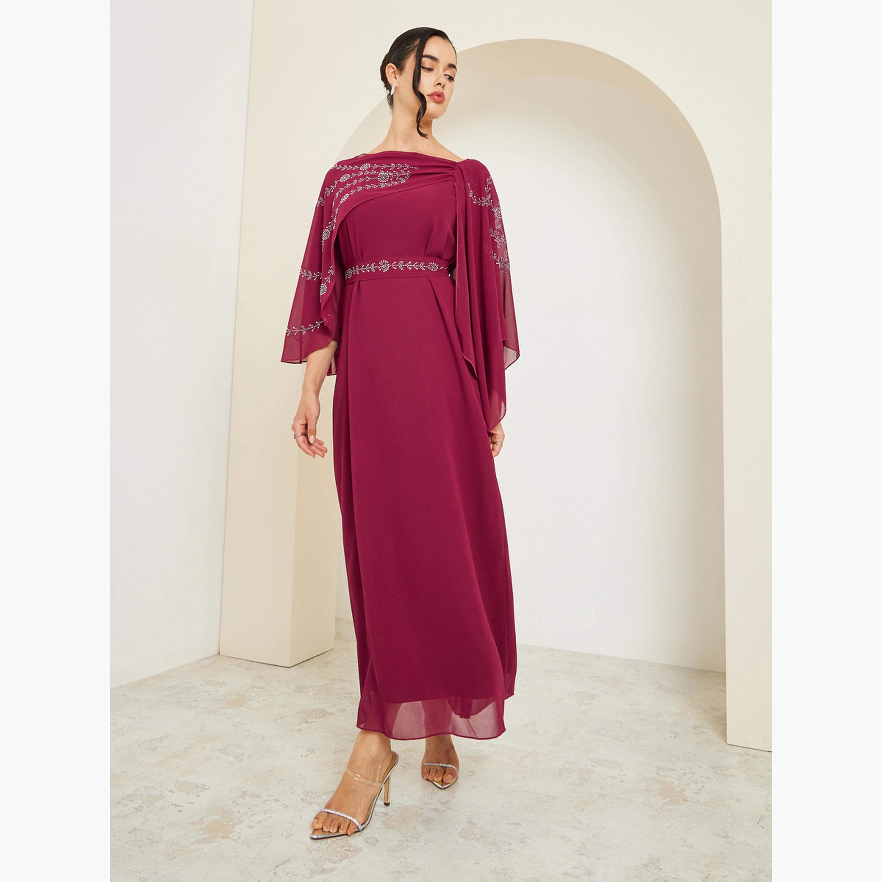 فستان طويل منمق مع أكمام كيب-women-clothing-dresses-image-3