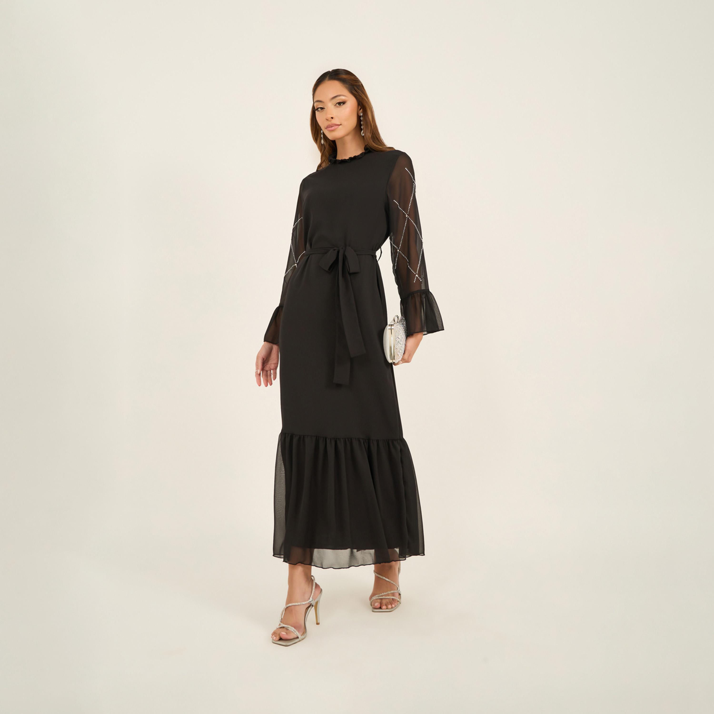 ستايلي - فستان ماكسي مزين بكشكشة مع حزام للخصر-women-clothing-dresses-image-1