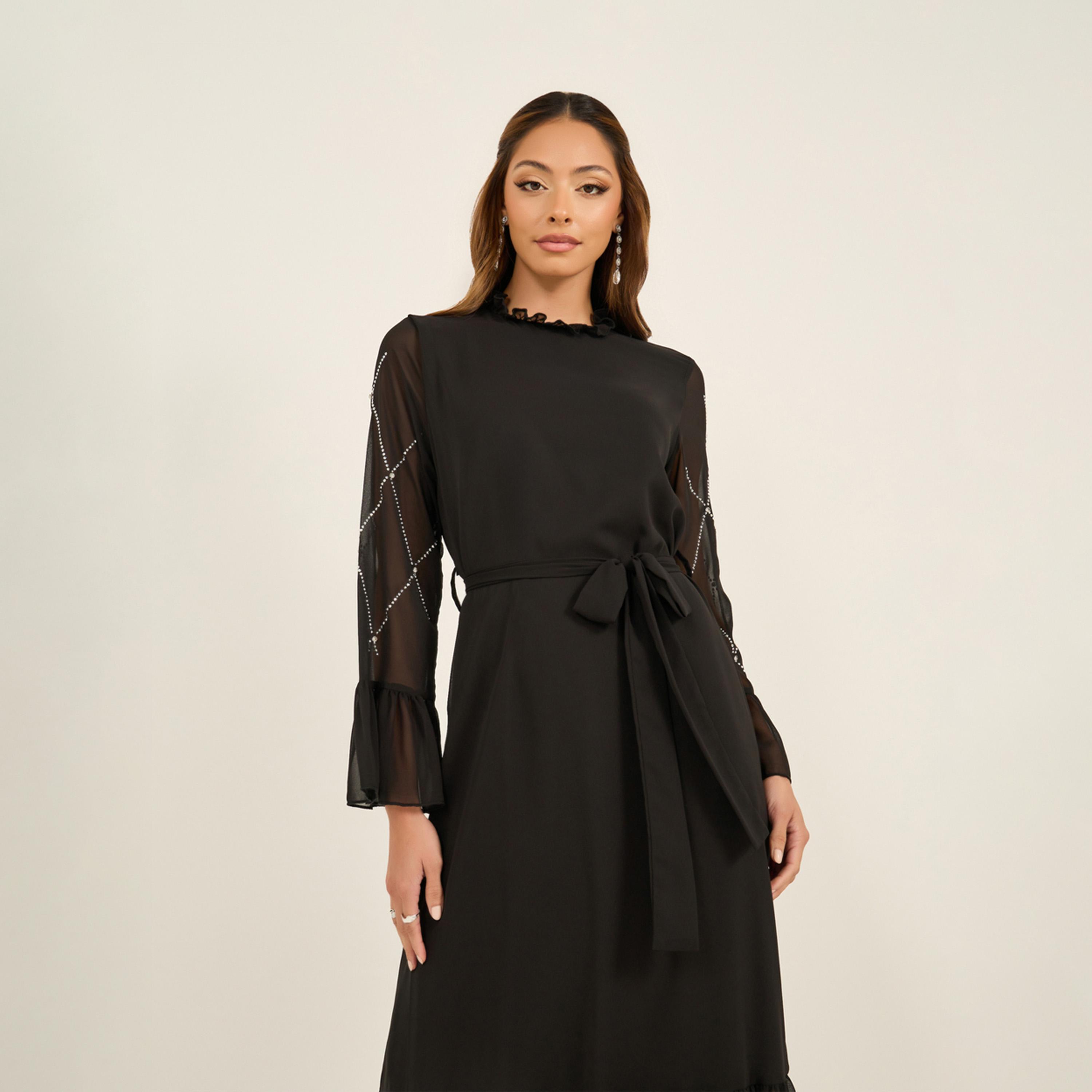ستايلي - فستان ماكسي مزين بكشكشة مع حزام للخصر-women-clothing-dresses-image-2