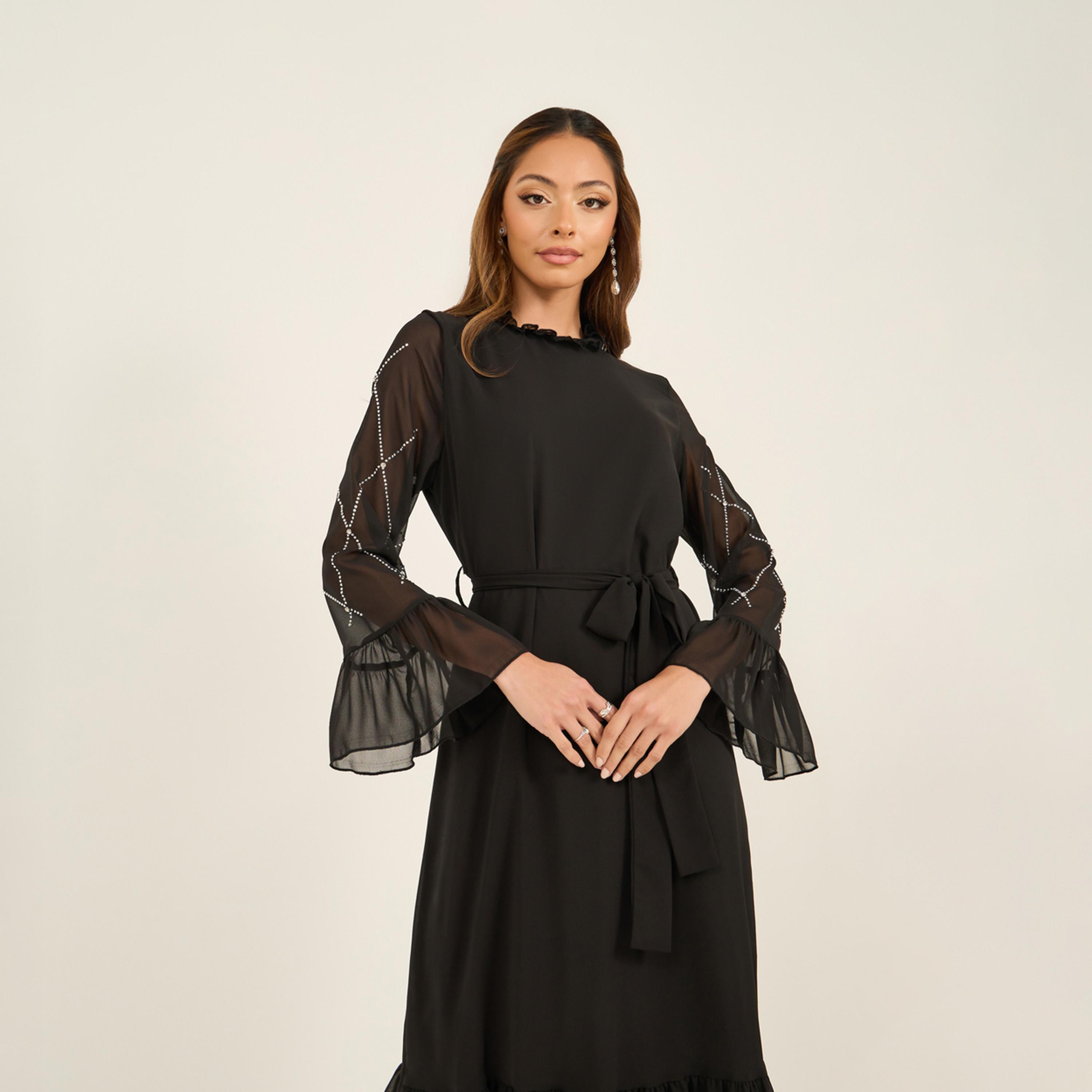 ستايلي - فستان ماكسي مزين بكشكشة مع حزام للخصر-women-clothing-dresses-image-3