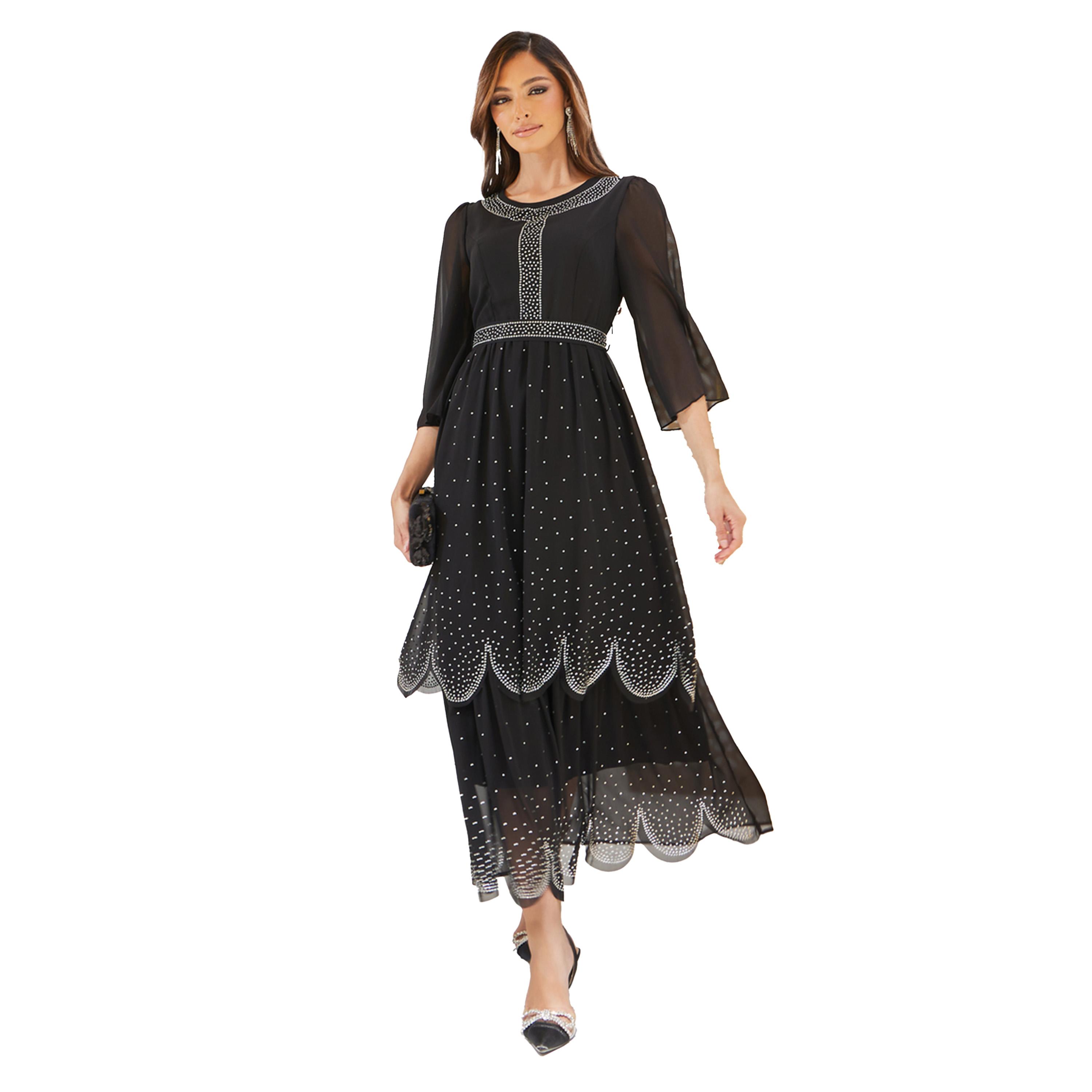 ستايلي - فستان ماكسي متعدد الطبقات مزين برقبة دائرية وأكمام 3/4-women-clothing-dresses-image-1