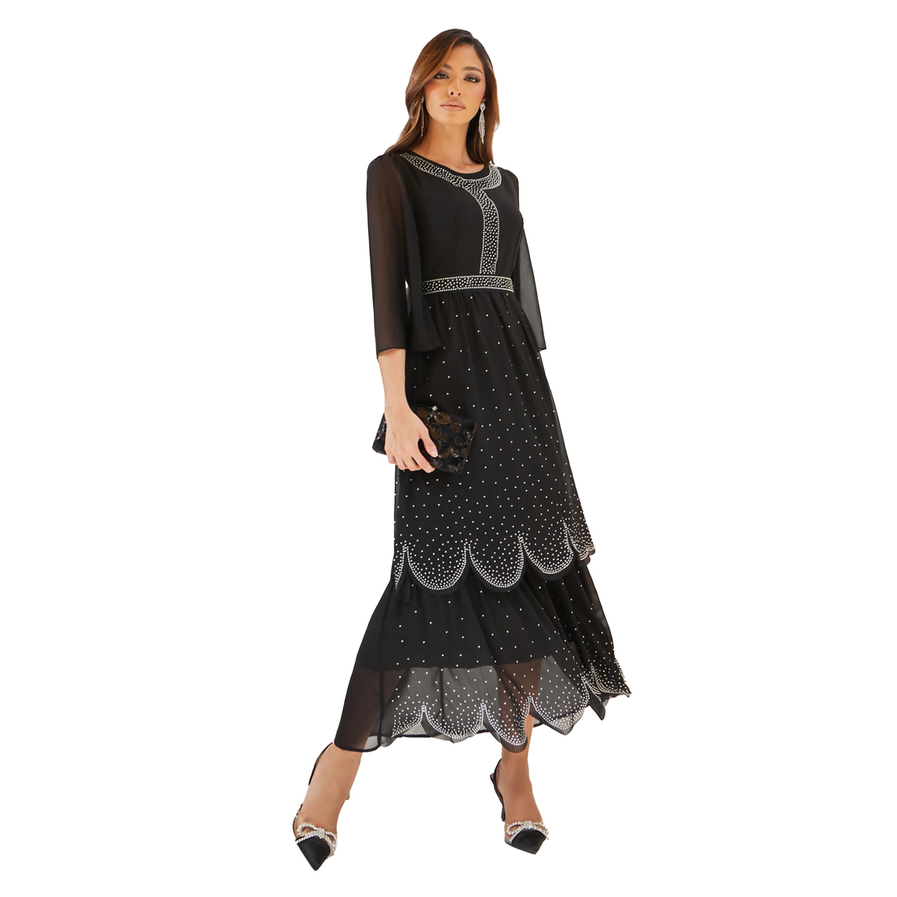 ستايلي - فستان ماكسي متعدد الطبقات مزين برقبة دائرية وأكمام 3/4-women-clothing-dresses-image-2