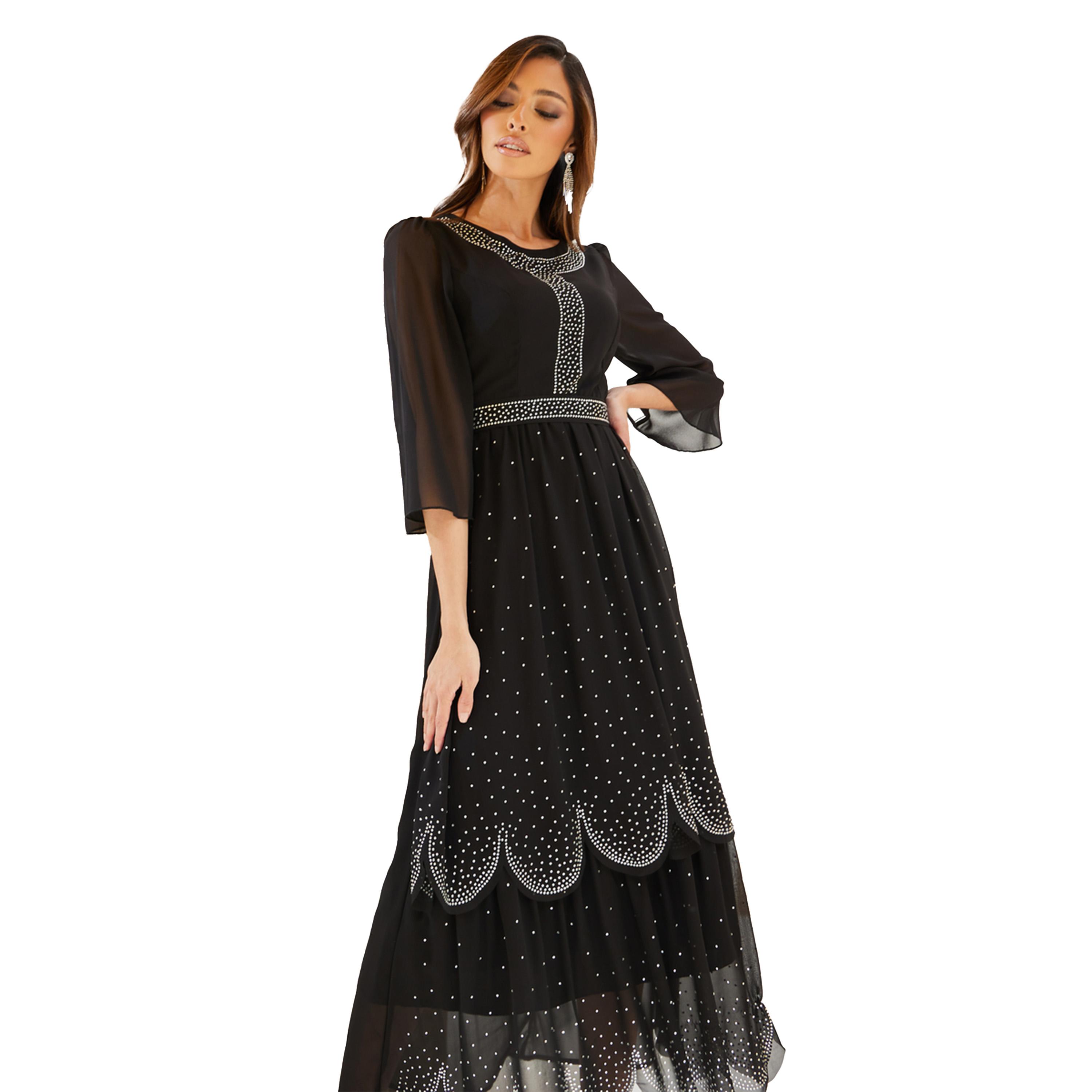 ستايلي - فستان ماكسي متعدد الطبقات مزين برقبة دائرية وأكمام 3/4-women-clothing-dresses-image-3