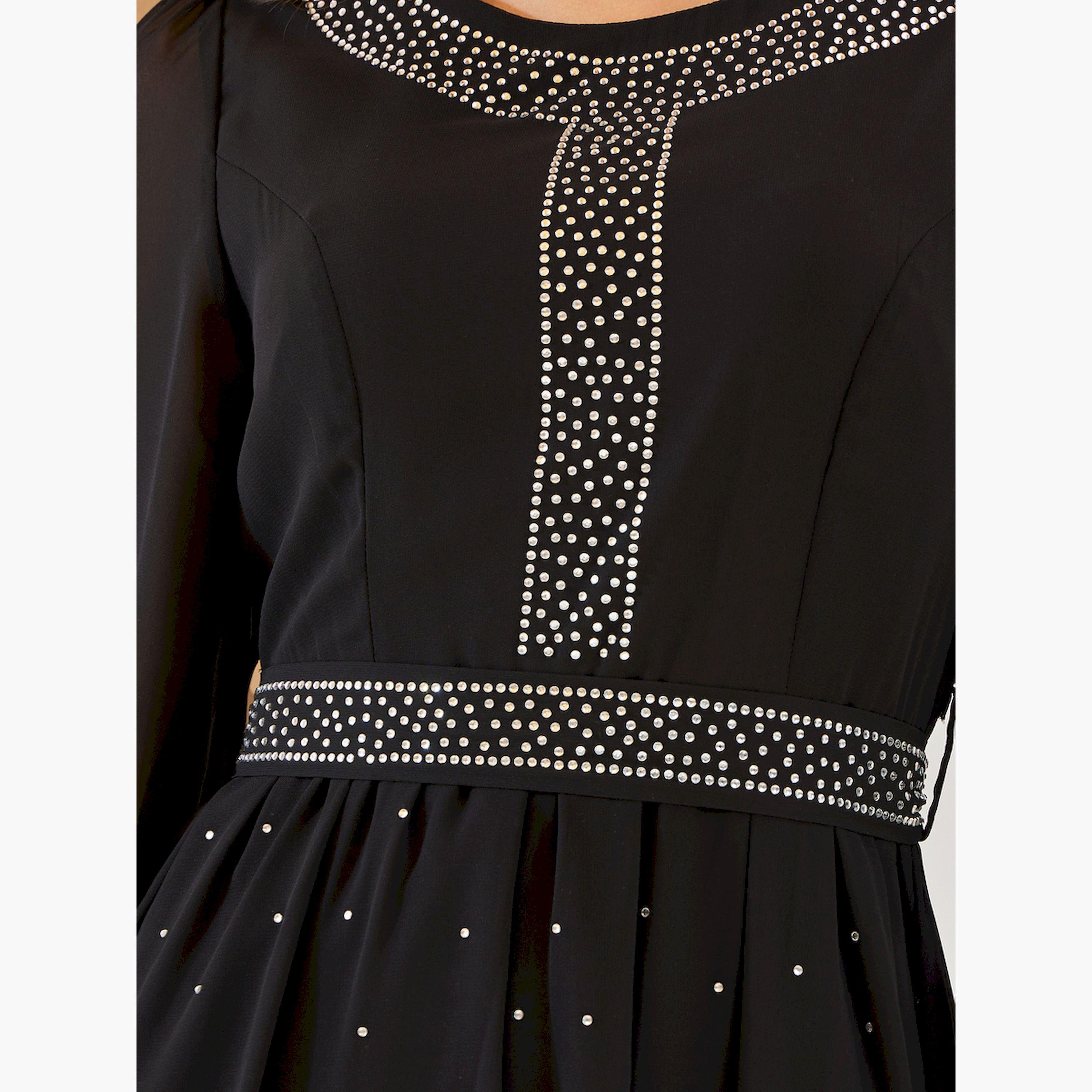 ستايلي - فستان ماكسي متعدد الطبقات مزين برقبة دائرية وأكمام 3/4-women-clothing-dresses-image-4