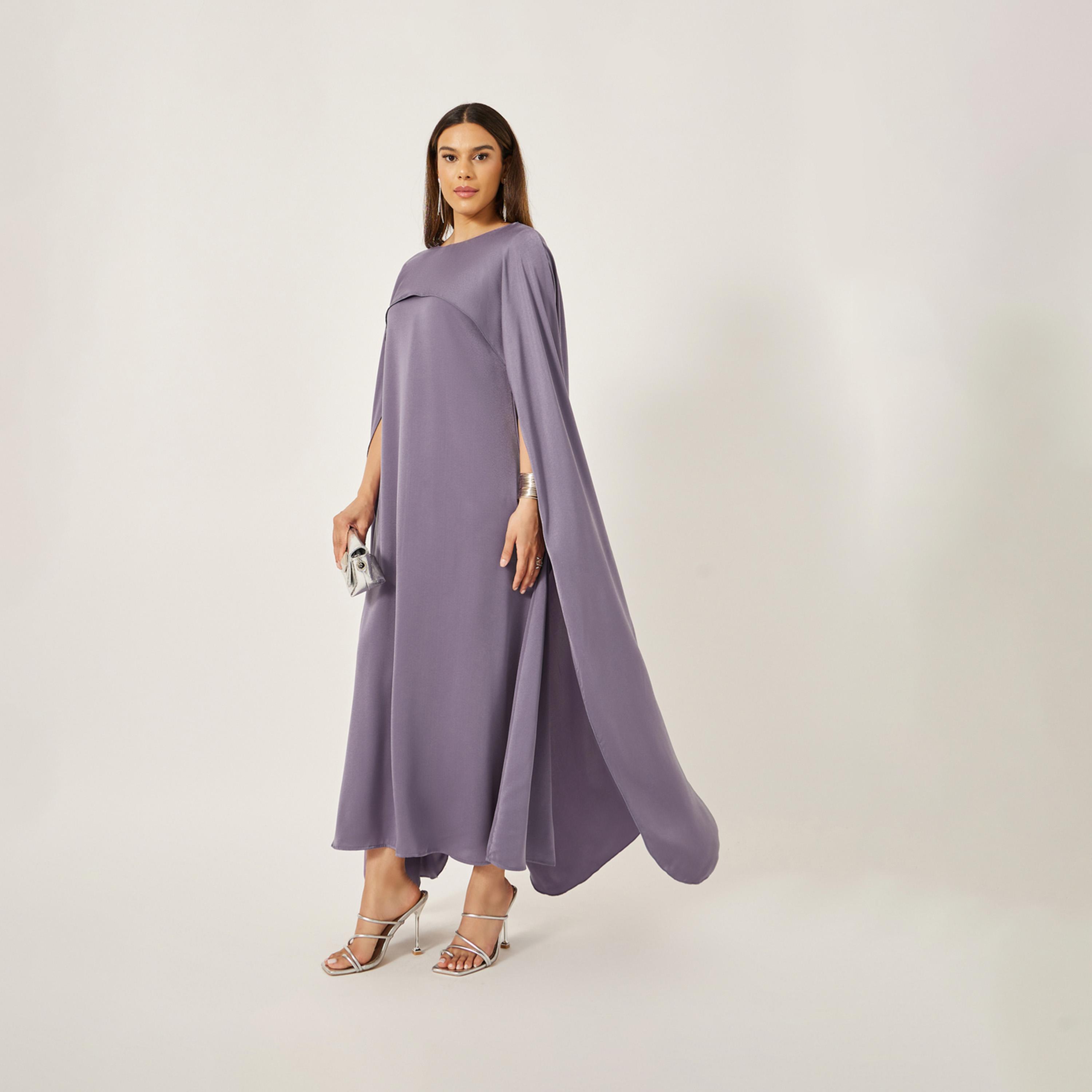 Styli Solid Cape Sleeve Round Neck Maxi Dress-women-clothing-dresses-image-1