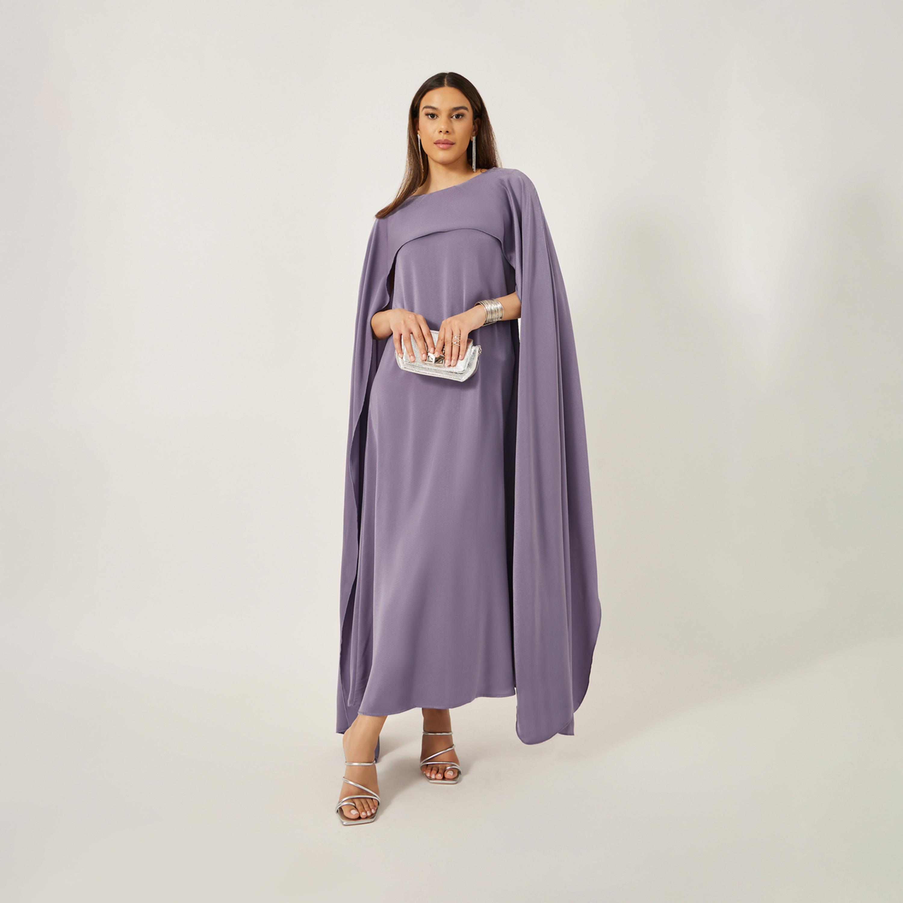Styli Solid Cape Sleeve Round Neck Maxi Dress-women-clothing-dresses-image-2