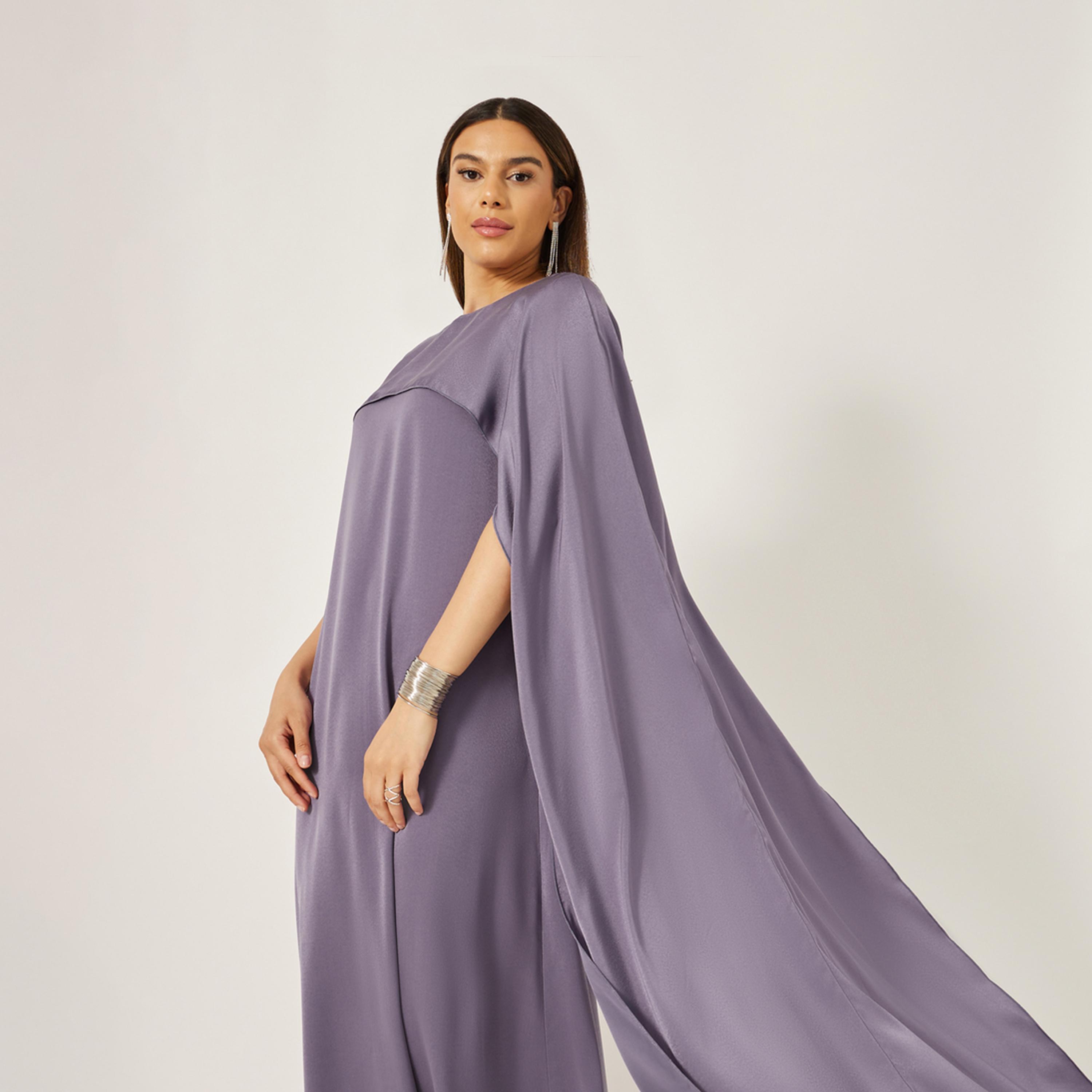 Styli Solid Cape Sleeve Round Neck Maxi Dress-women-clothing-dresses-image-3