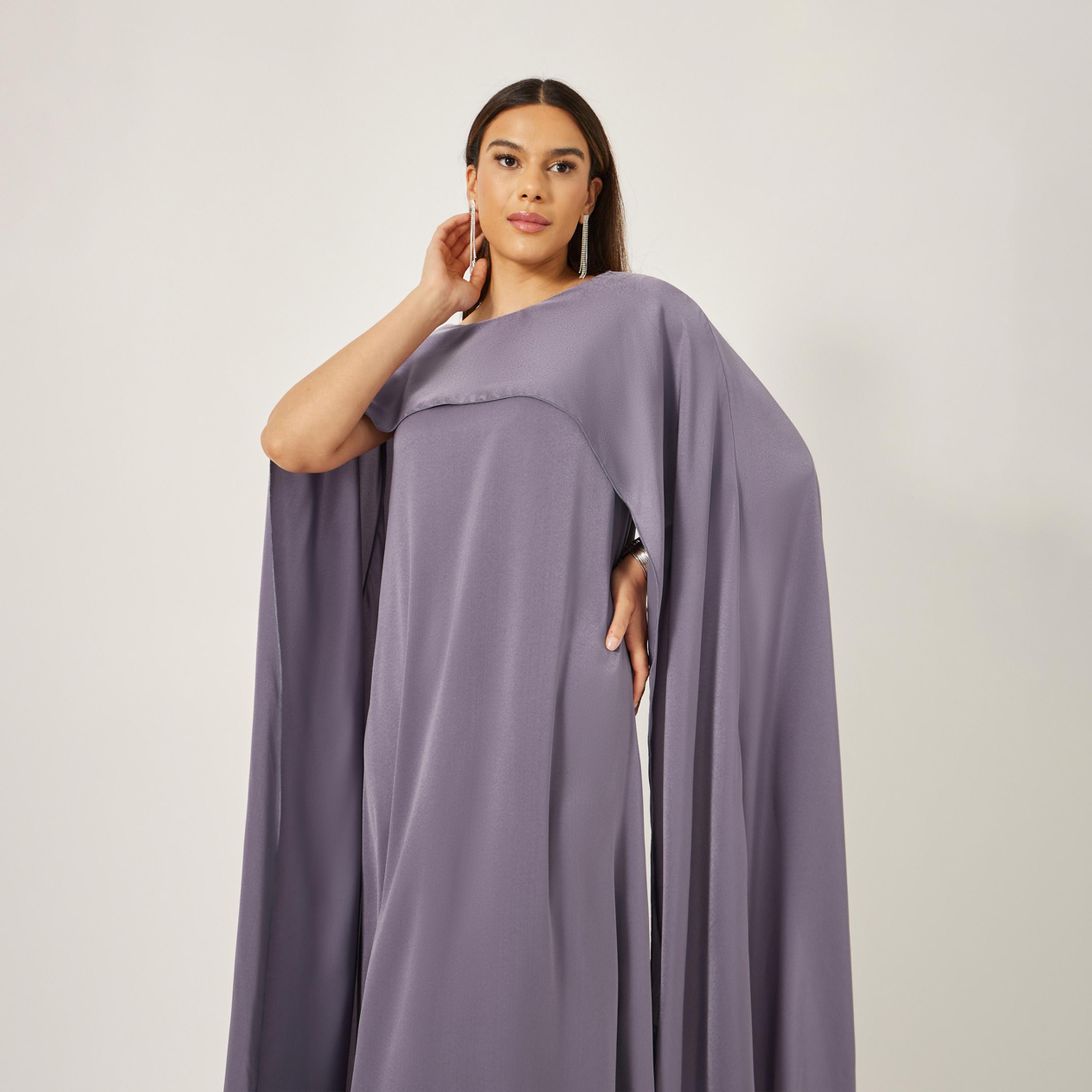 Styli Solid Cape Sleeve Round Neck Maxi Dress-women-clothing-dresses-image-4