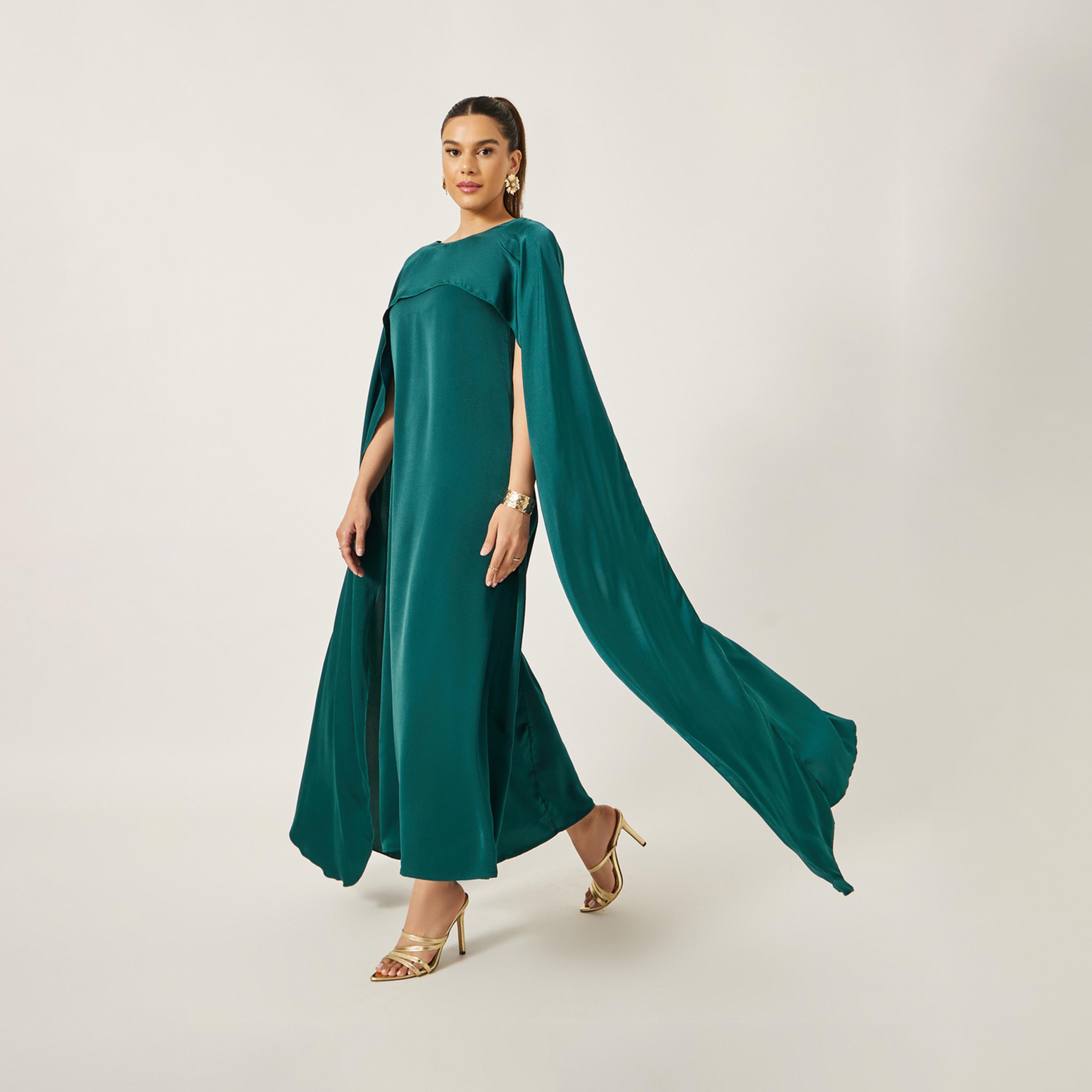 Styli Solid Cape Sleeve Round Neck Maxi Dress-women-clothing-dresses-image-1