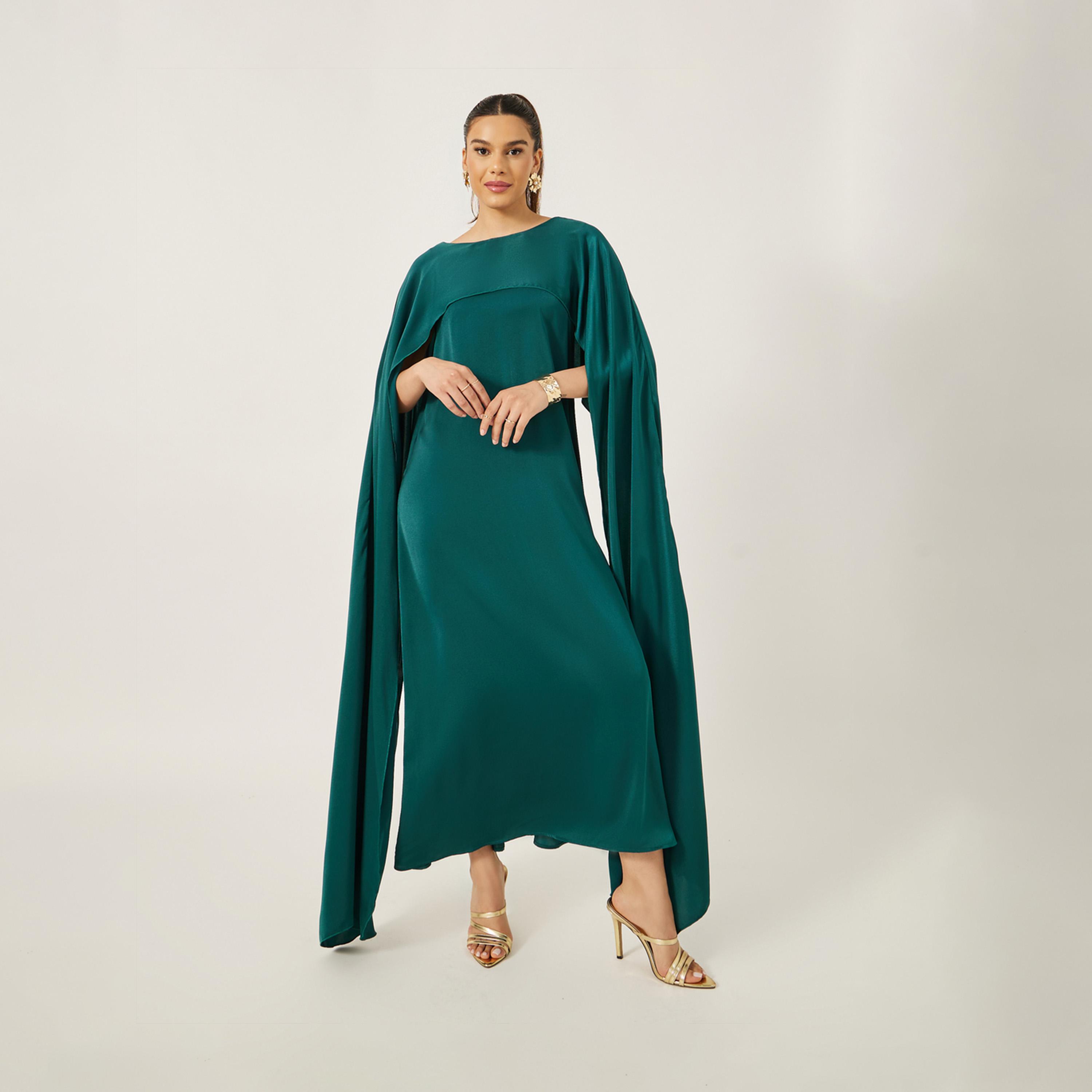 Styli Solid Cape Sleeve Round Neck Maxi Dress-women-clothing-dresses-image-2