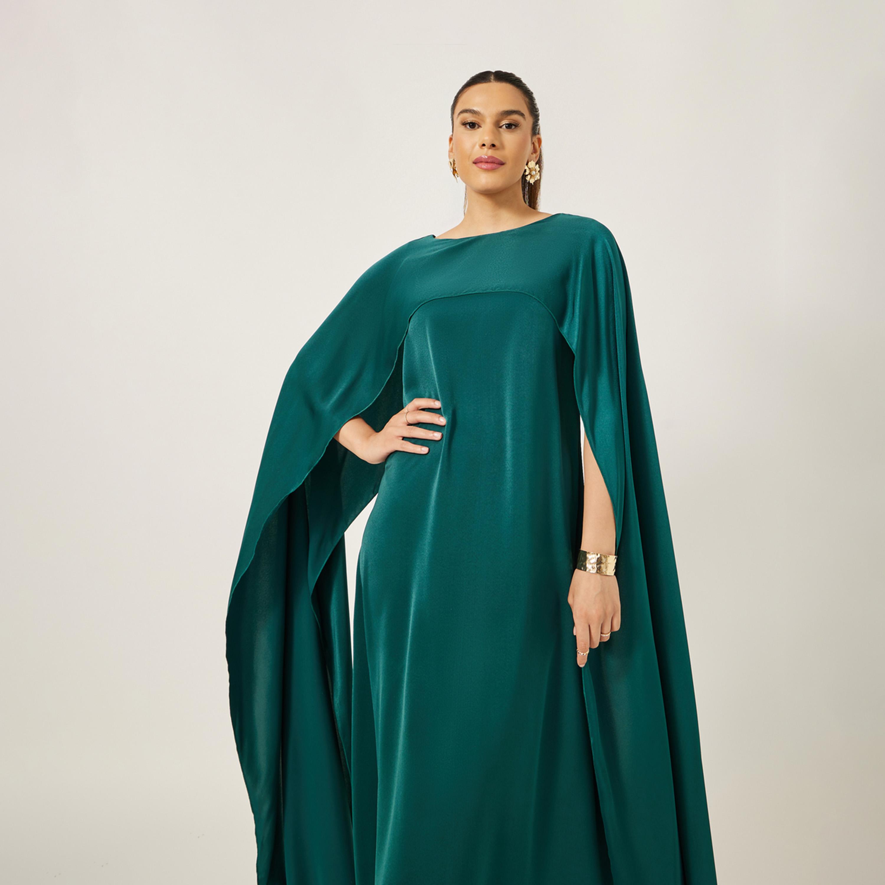 Styli Solid Cape Sleeve Round Neck Maxi Dress-women-clothing-dresses-image-3