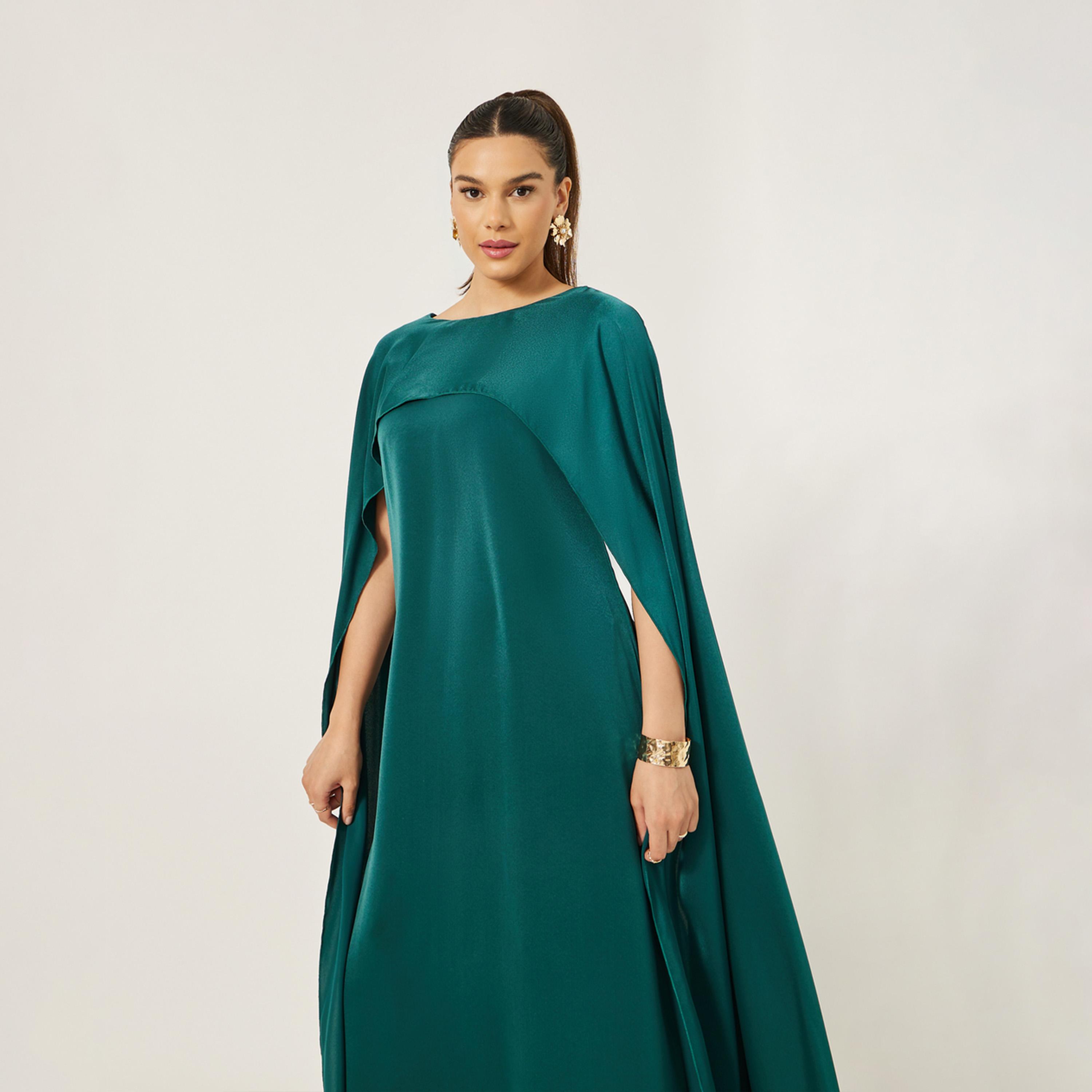 Styli Solid Cape Sleeve Round Neck Maxi Dress-women-clothing-dresses-image-4