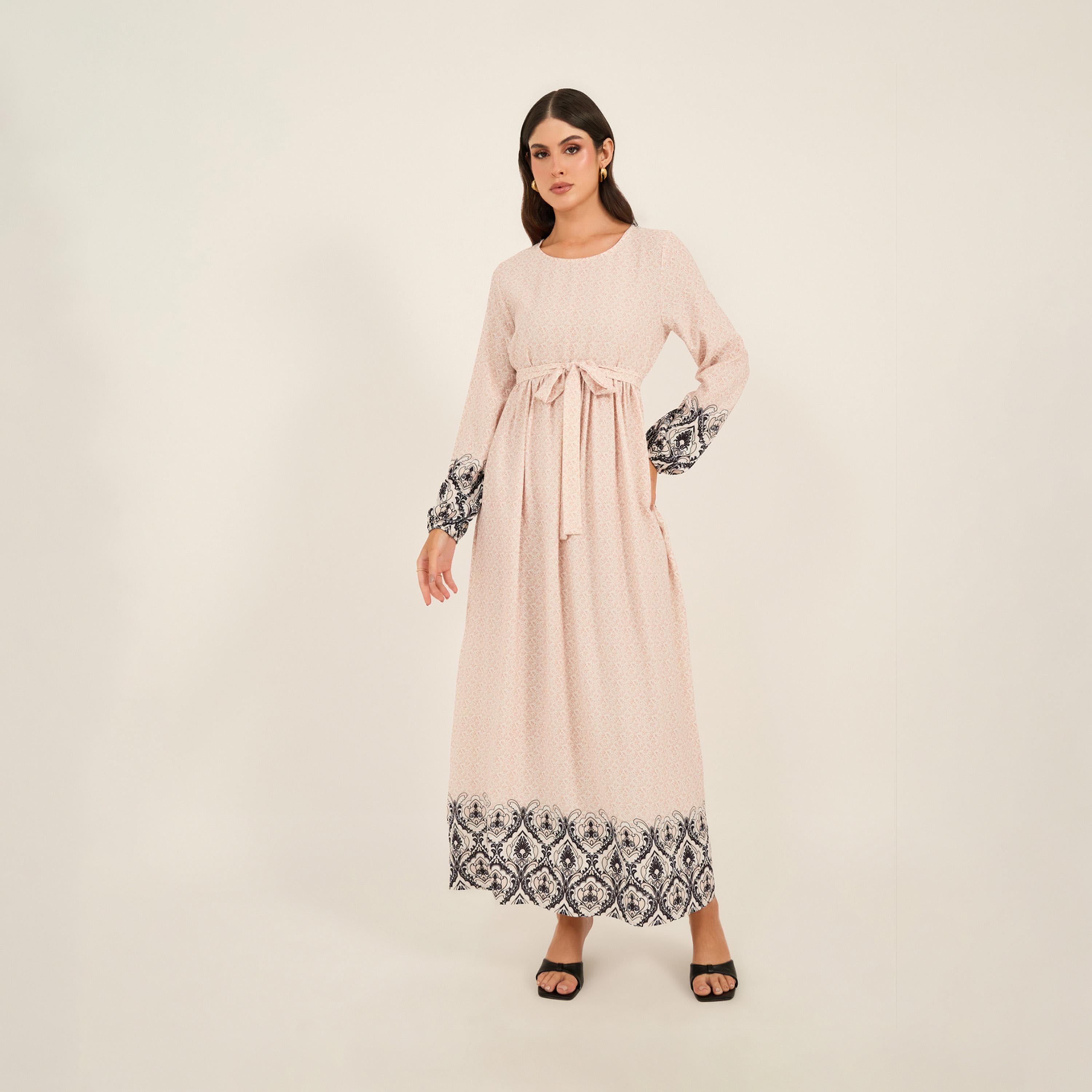 Styli Printed Hem Round Neck A-Line Maxi Dress-women-clothing-dresses-image-2