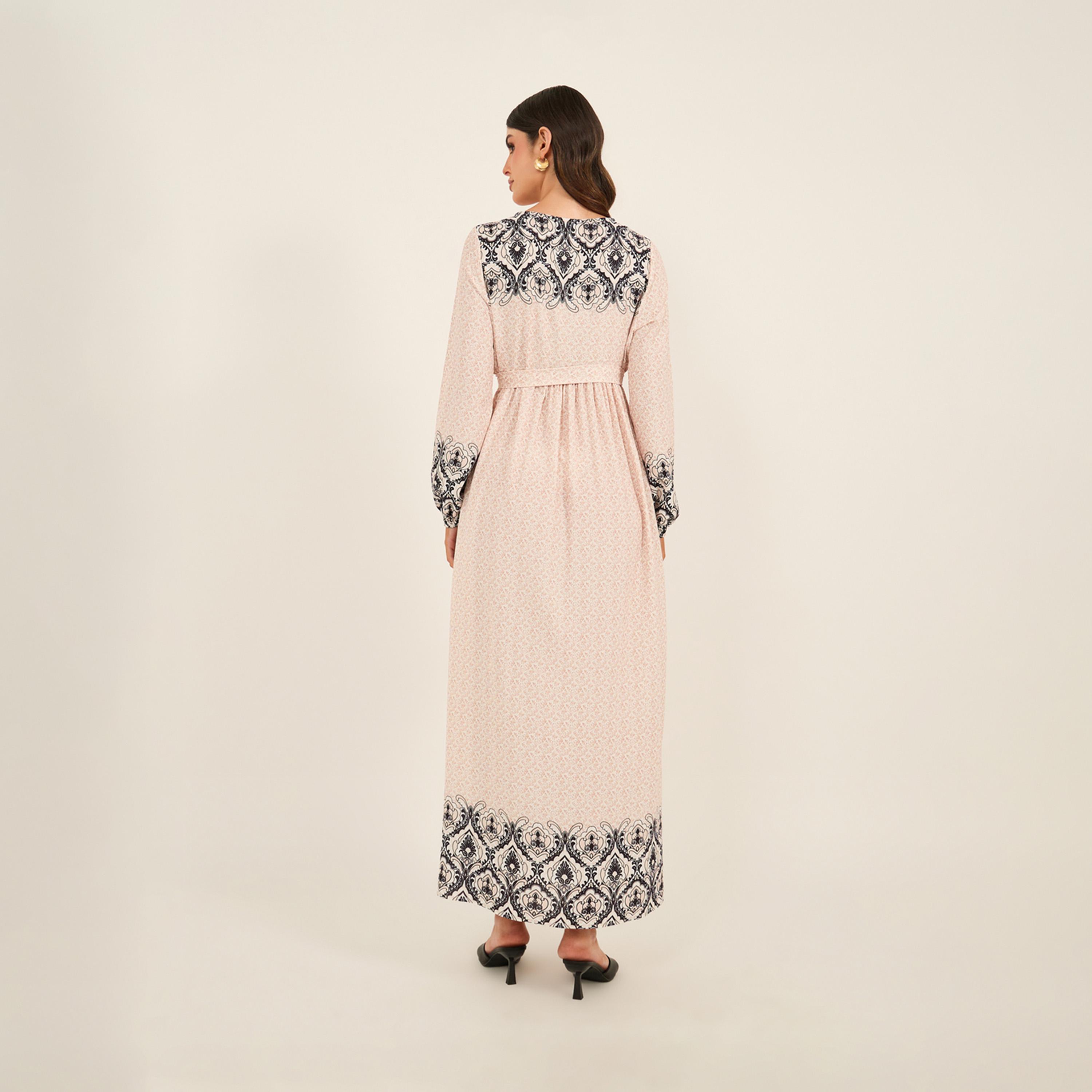 Styli Printed Hem Round Neck A-Line Maxi Dress-women-clothing-dresses-image-5