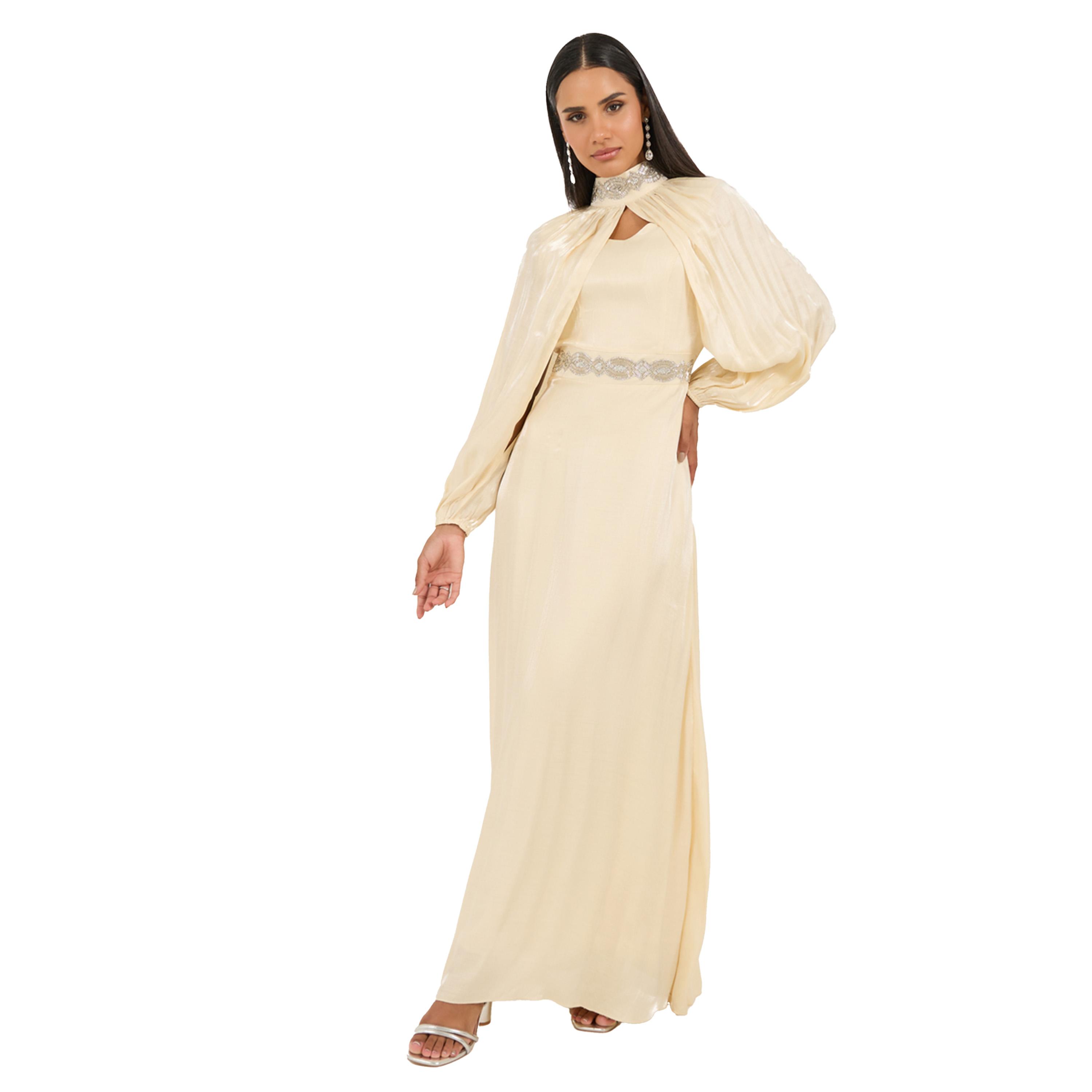 Styli Embellished Satin A-Line Maxi Dress with Detachable Cape Sleeves-women-clothing-dresses-image-1