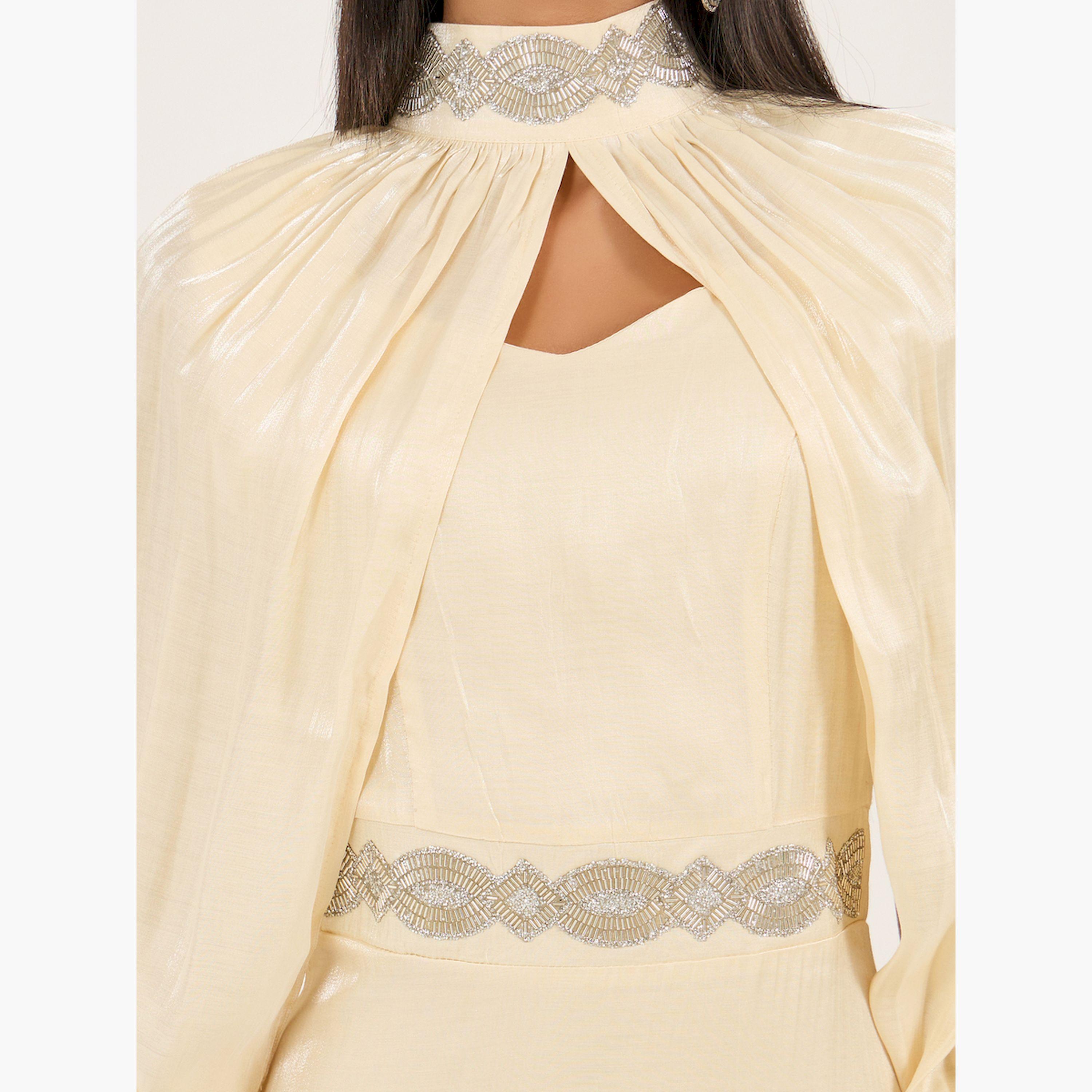 Styli Embellished Satin A-Line Maxi Dress with Detachable Cape Sleeves-women-clothing-dresses-image-4