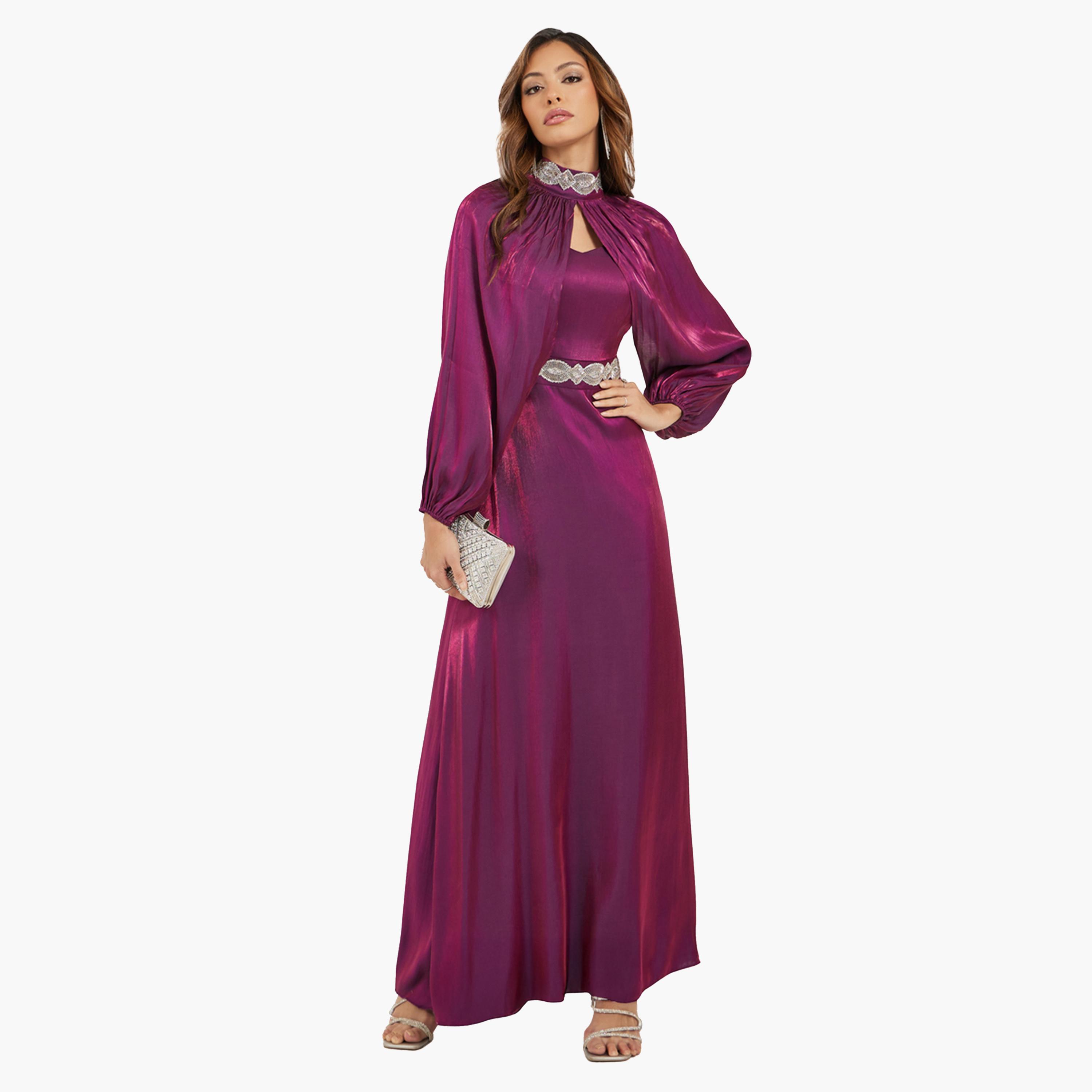 ستايلي-  فستان ماكسي  ساتان مزخرف بقصة A وأكمام قابلة للفصل-women-clothing-dresses-image-1
