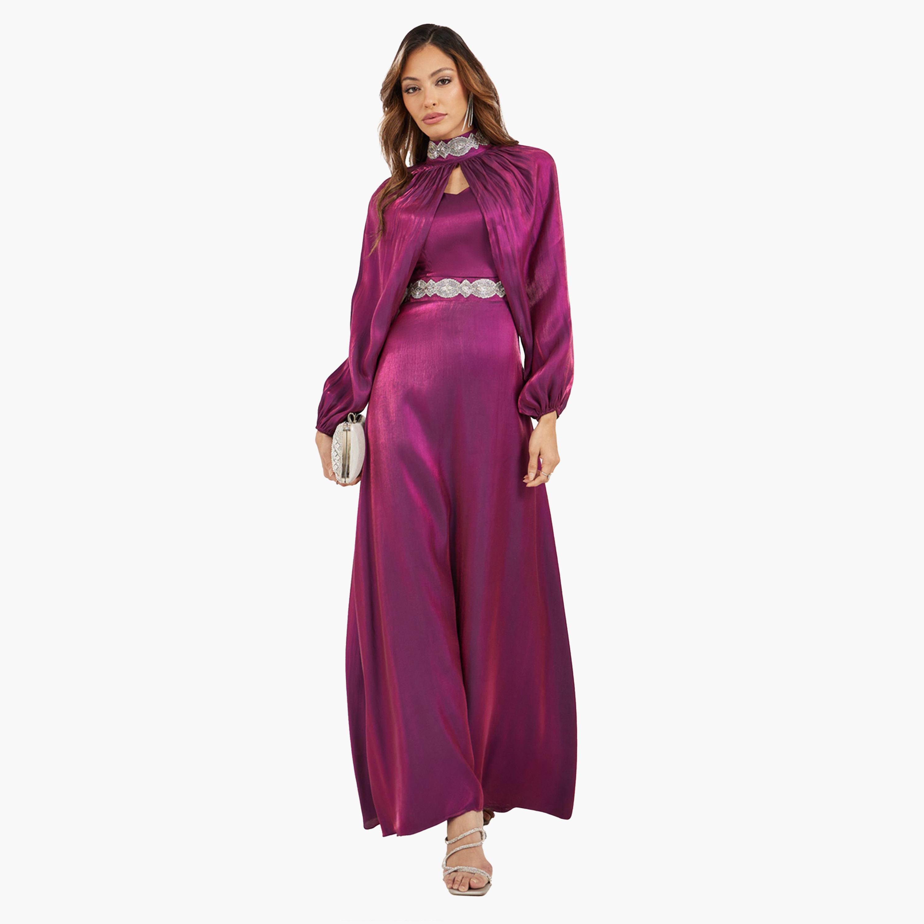 ستايلي-  فستان ماكسي  ساتان مزخرف بقصة A وأكمام قابلة للفصل-women-clothing-dresses-image-2