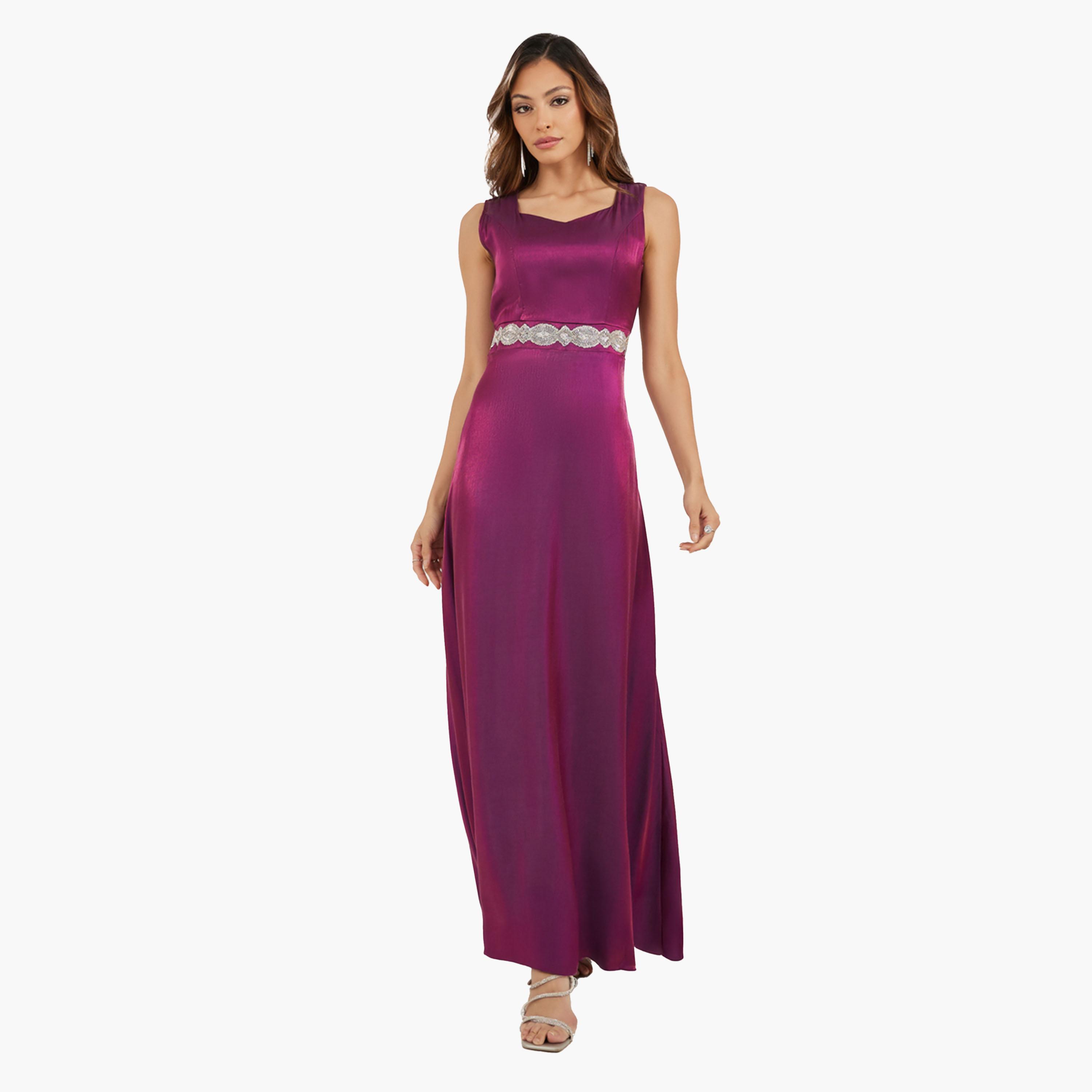 ستايلي-  فستان ماكسي  ساتان مزخرف بقصة A وأكمام قابلة للفصل-women-clothing-dresses-image-3