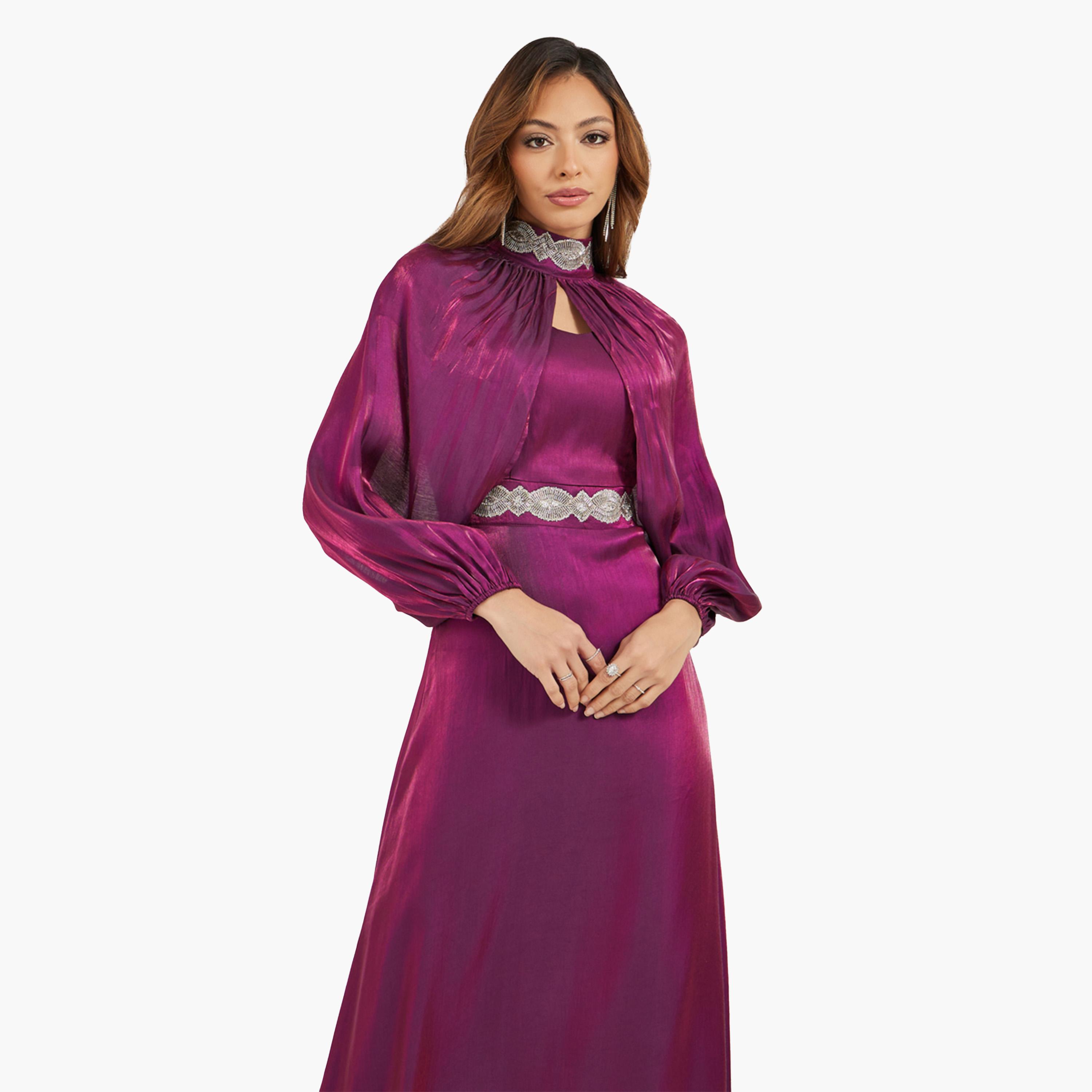 Styli Embellished Satin A-Line Maxi Dress with Detachable Cape Sleeves-women-clothing-dresses-image-4