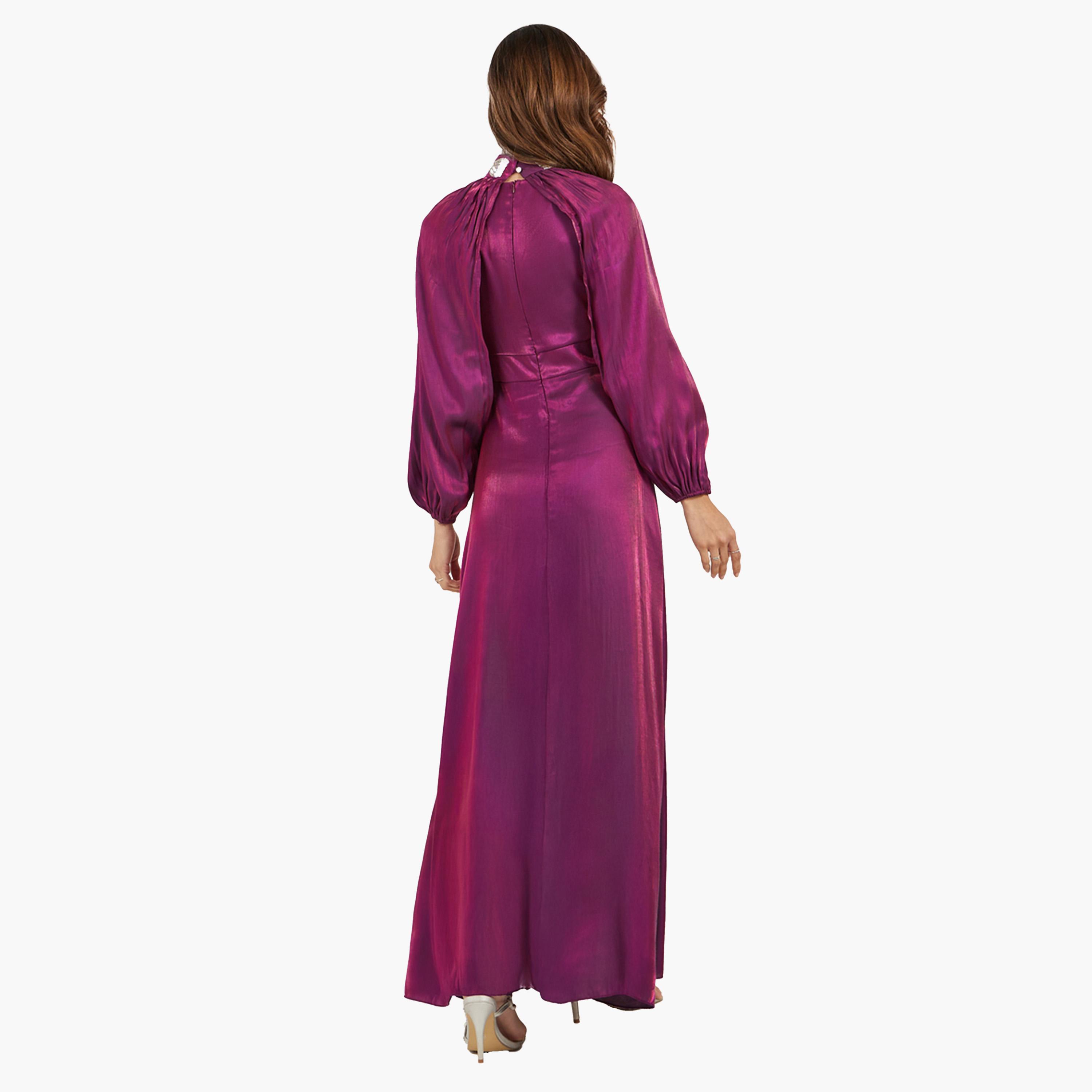 ستايلي-  فستان ماكسي  ساتان مزخرف بقصة A وأكمام قابلة للفصل-women-clothing-dresses-image-6