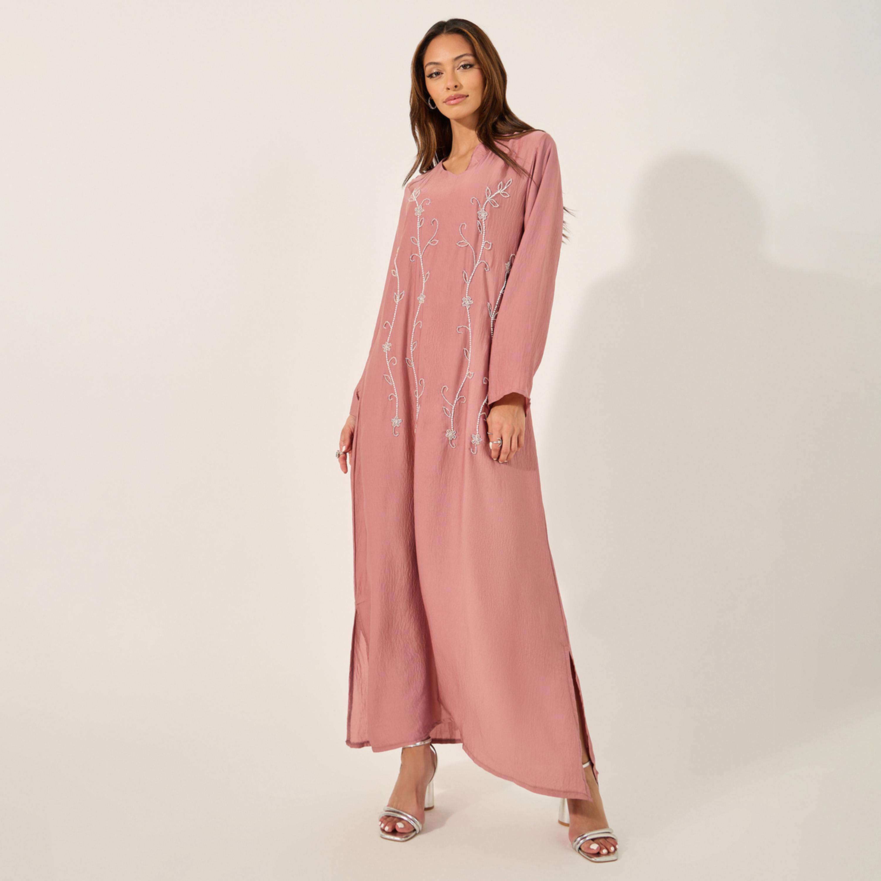 Amirah X Styli Embellished V Neck A-Line Jalabyia-women-arabicclothing-jalabiyas-image-1