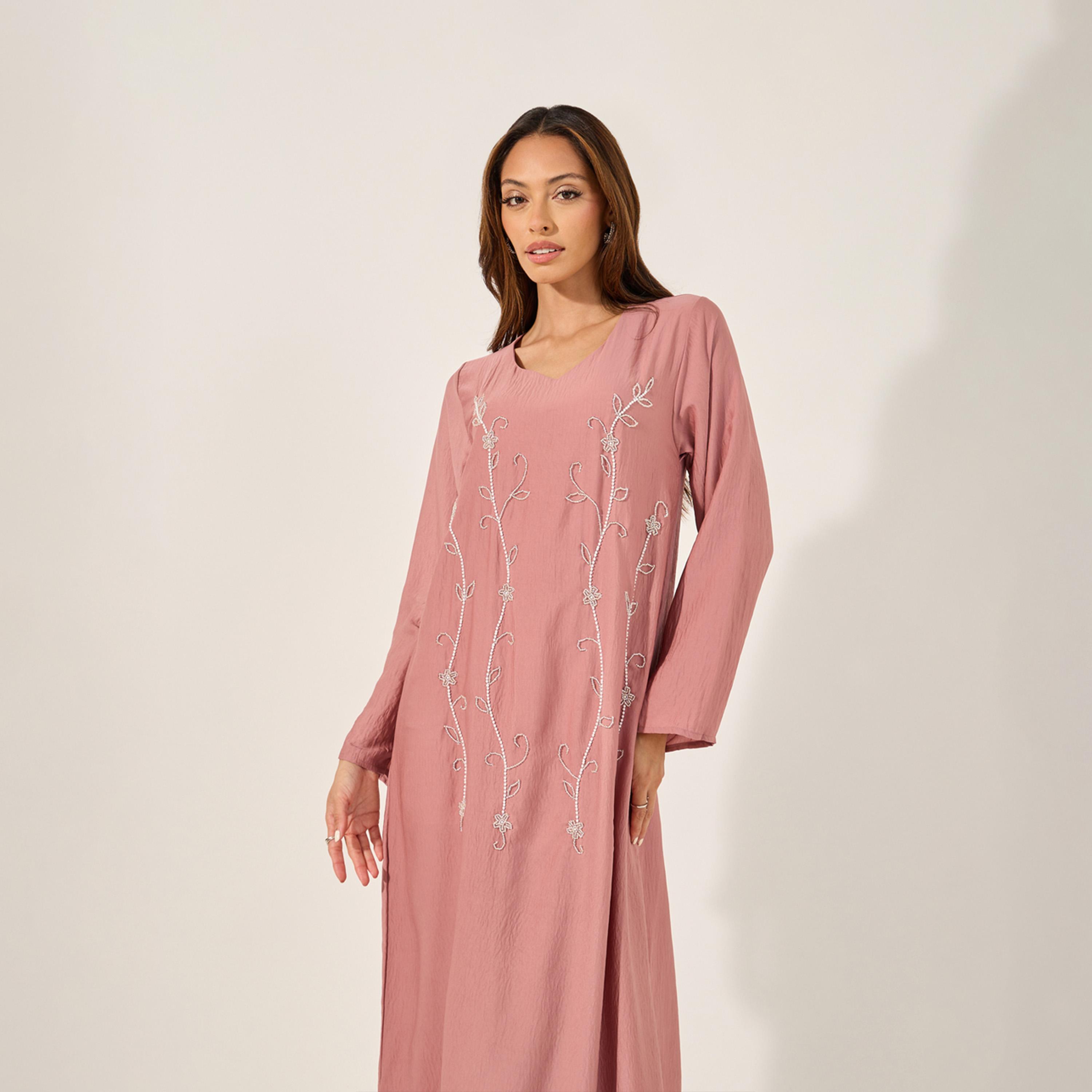 Amirah X Styli Embellished V Neck A-Line Jalabyia-women-arabicclothing-jalabiyas-image-2