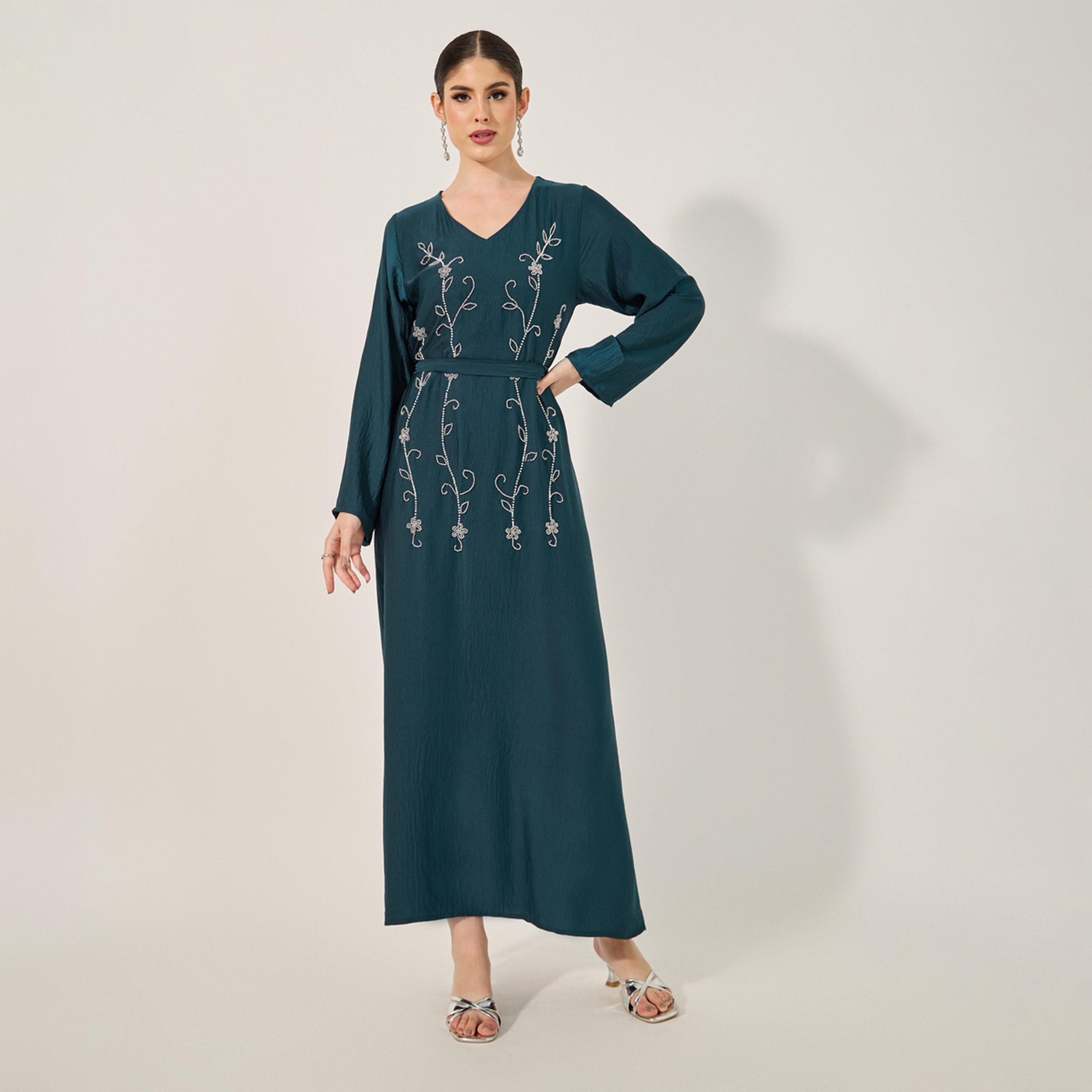 ستايلي - جلابية مطرزة يدويا بالخرز والترتر من قماش ناعم منسدل-women-arabicclothing-jalabiyas-image-2