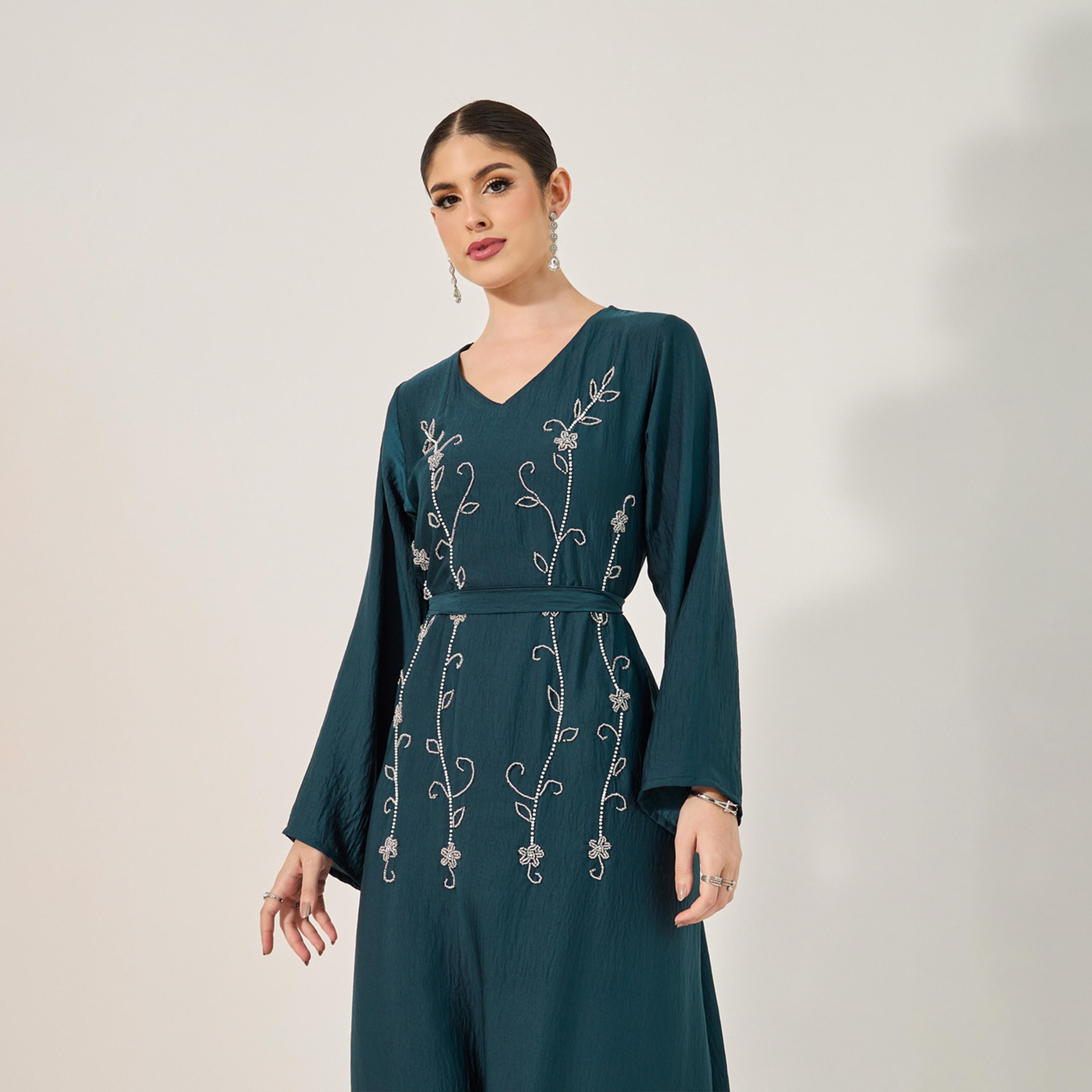 ستايلي - جلابية مطرزة يدويا بالخرز والترتر من قماش ناعم منسدل-women-arabicclothing-jalabiyas-image-3