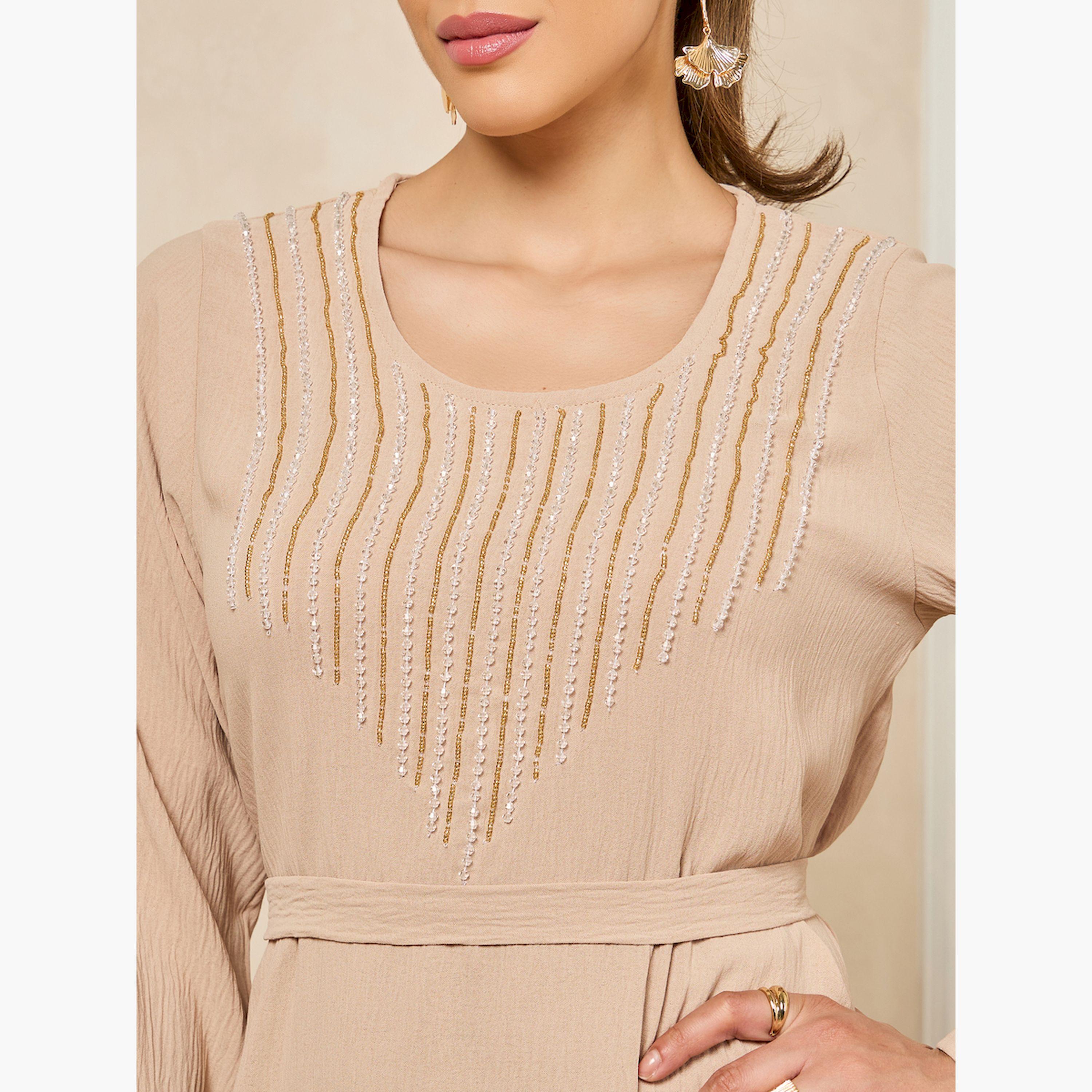 Amirah X Styli Embroidered A-Line Belted Jalabyia-women-arabicclothing-jalabiyas-image-4
