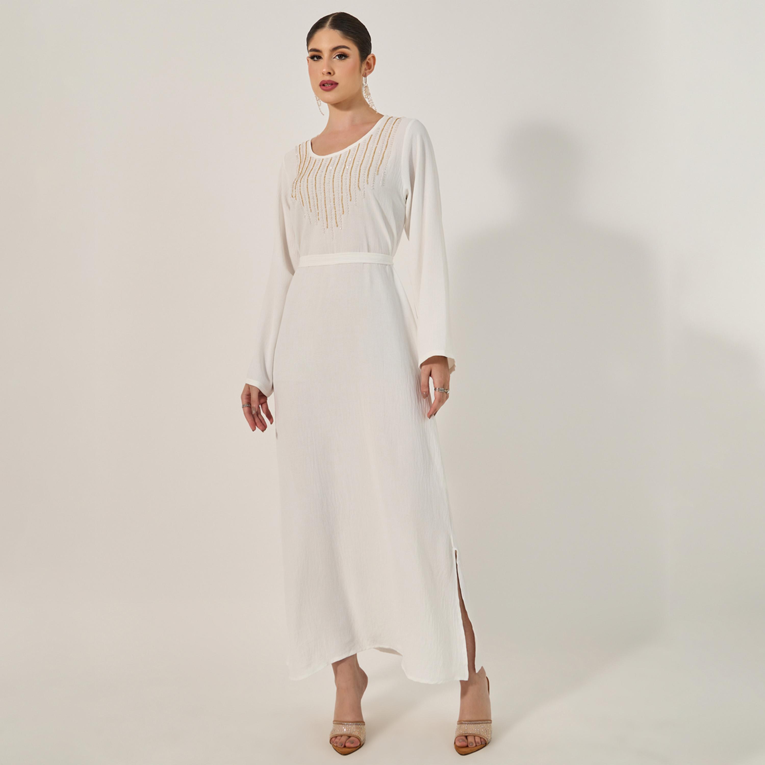 Amirah X Styli Embellished Round Neck A-Line Jalabyia-women-arabicclothing-jalabiyas-image-2