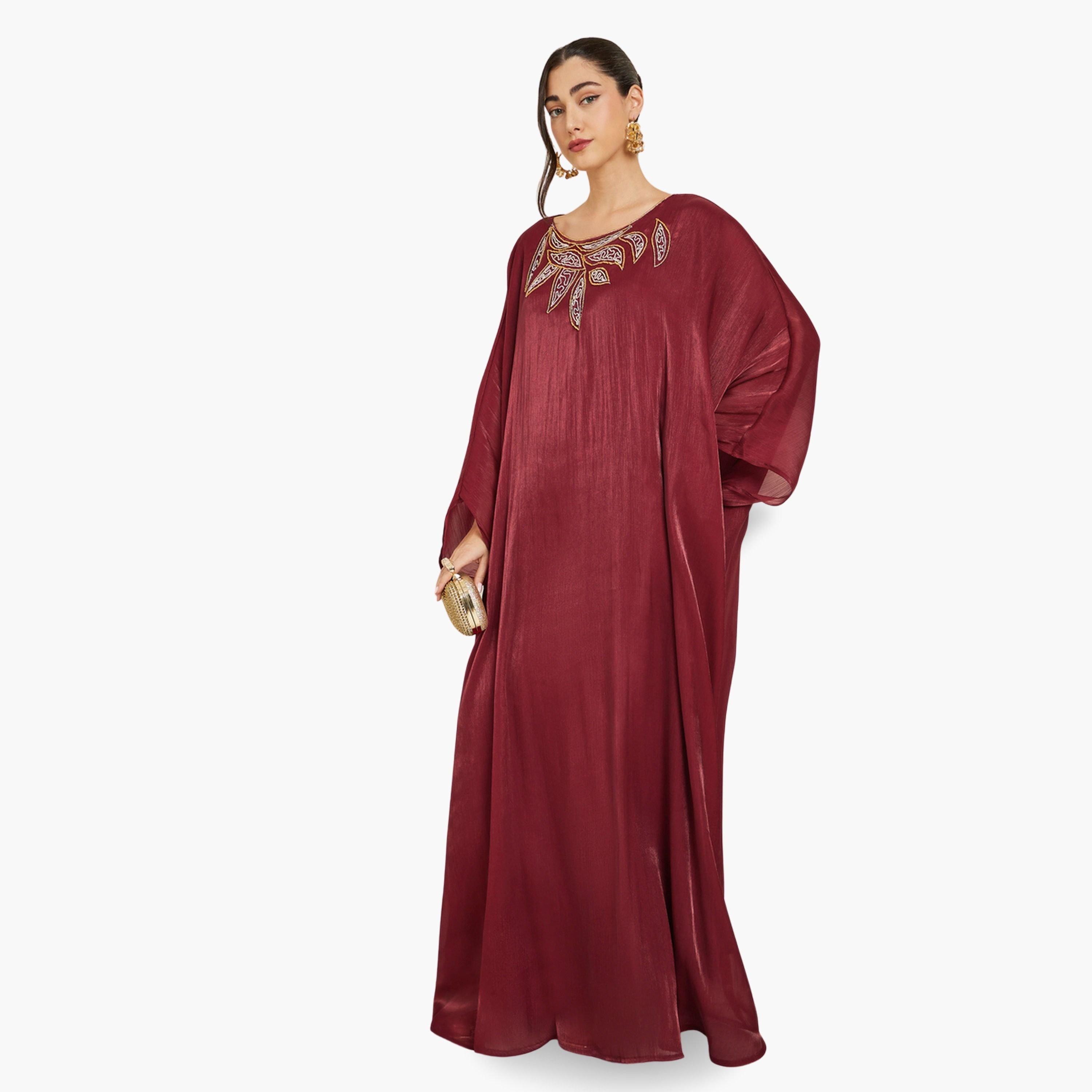 قفطان أحمر مطرز بلمعة-women-arabicclothing-kaftan-image-1