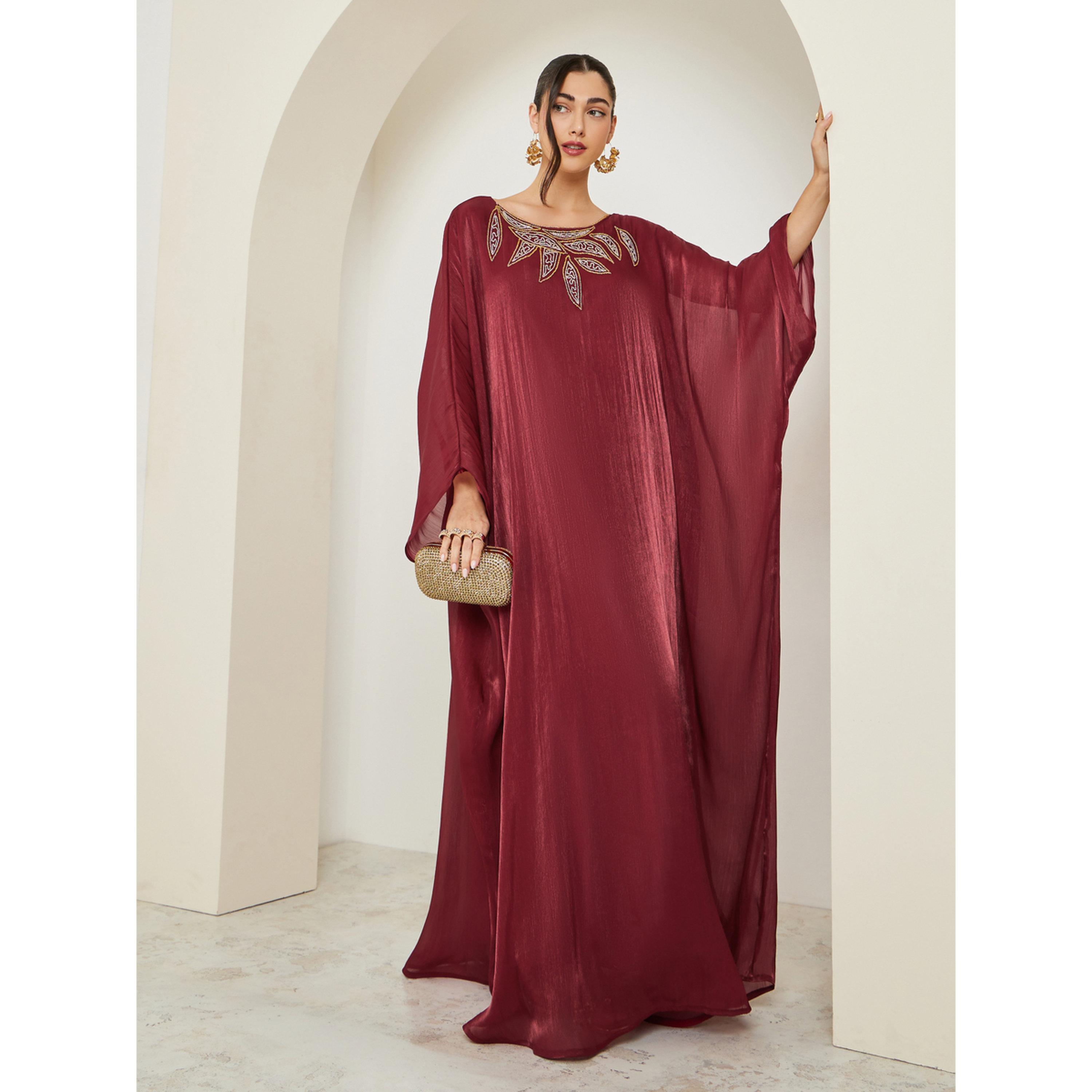 قفطان أحمر مطرز بلمعة-women-arabicclothing-kaftan-image-3