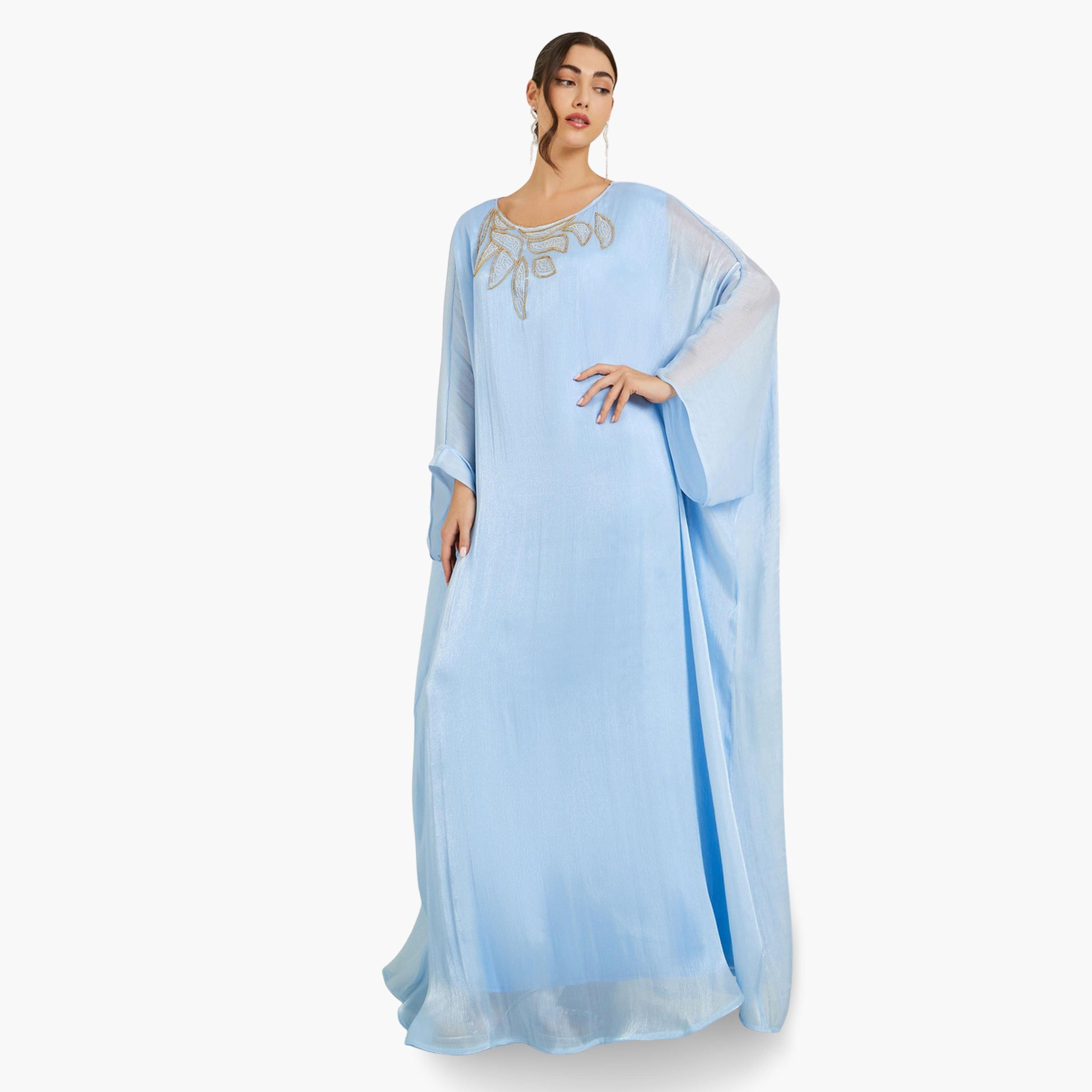 Styli Women Blue Embellished Shimmer Kaftan-women-arabicclothing-kaftan-image-1