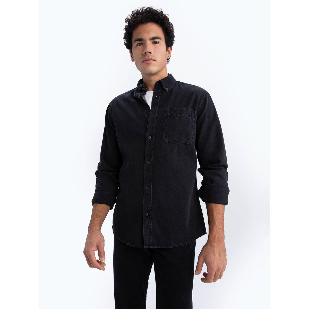 DeFacto X Styli  Button-Down Collar Solid Slim Fit Shirt-men-clothing-shirts-image-2