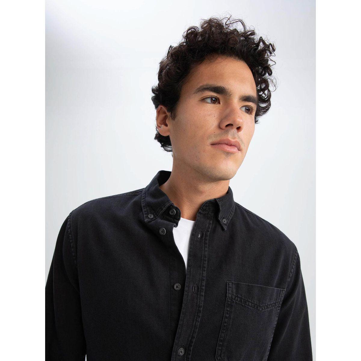 DeFacto X Styli  Button-Down Collar Solid Slim Fit Shirt-men-clothing-shirts-image-3