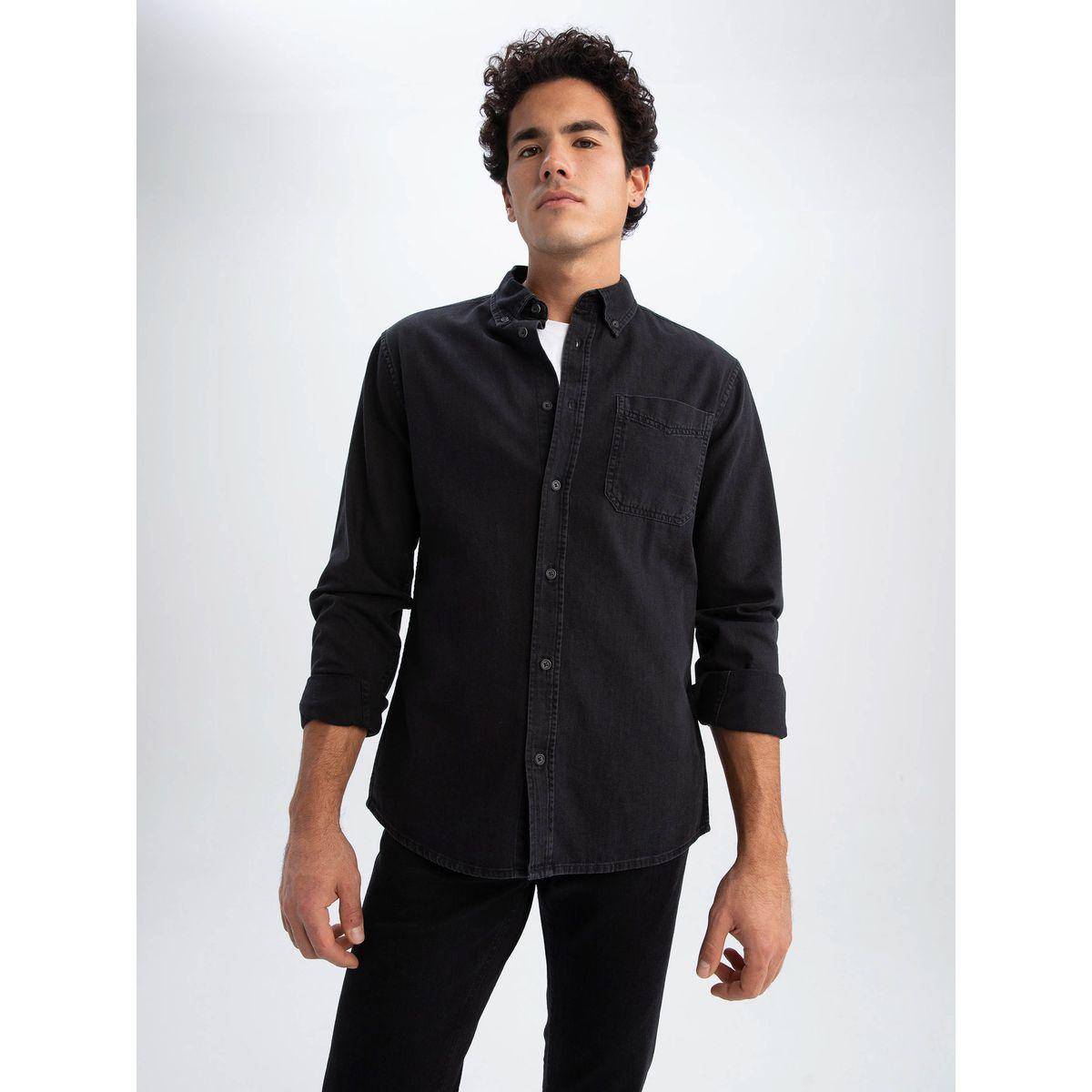DeFacto X Styli  Button-Down Collar Solid Slim Fit Shirt-men-clothing-shirts-image-5