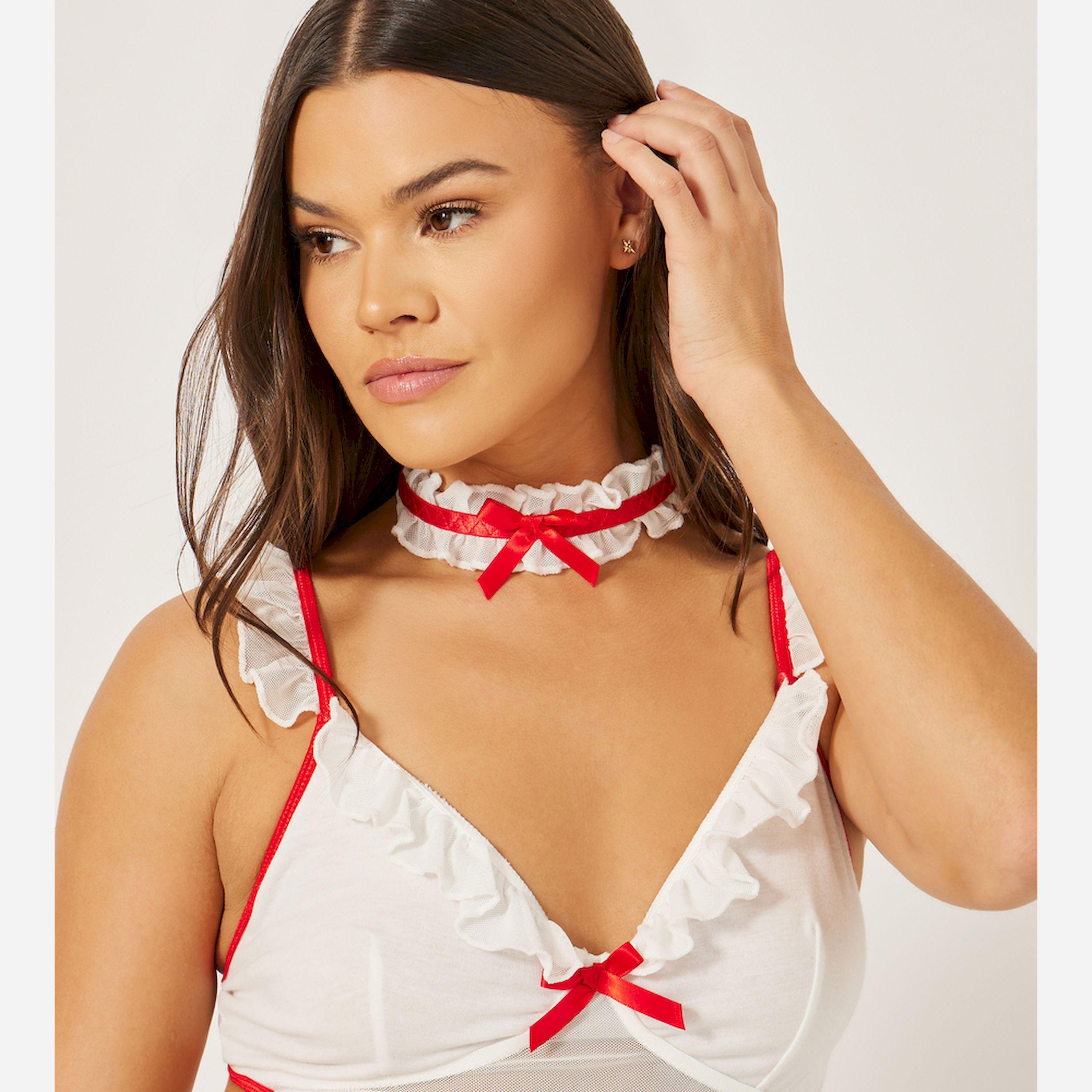 Styli Ruffle Edge Contrast Bow Slip Dress, Thong And Neck Piece-women-clothing-lingerie-babydollsandbodysuits-image-2
