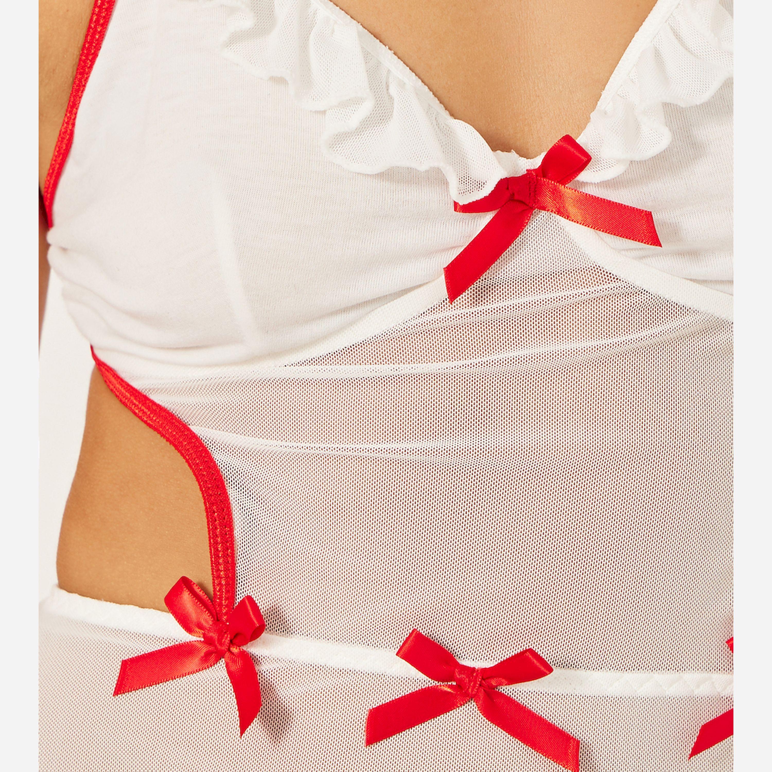 ستايلي - فستان بحافة مكشكشة وفيونكة متباينة مع سروال داخلي وقطعة ورقبة-women-clothing-lingerie-babydollsandbodysuits-image-3