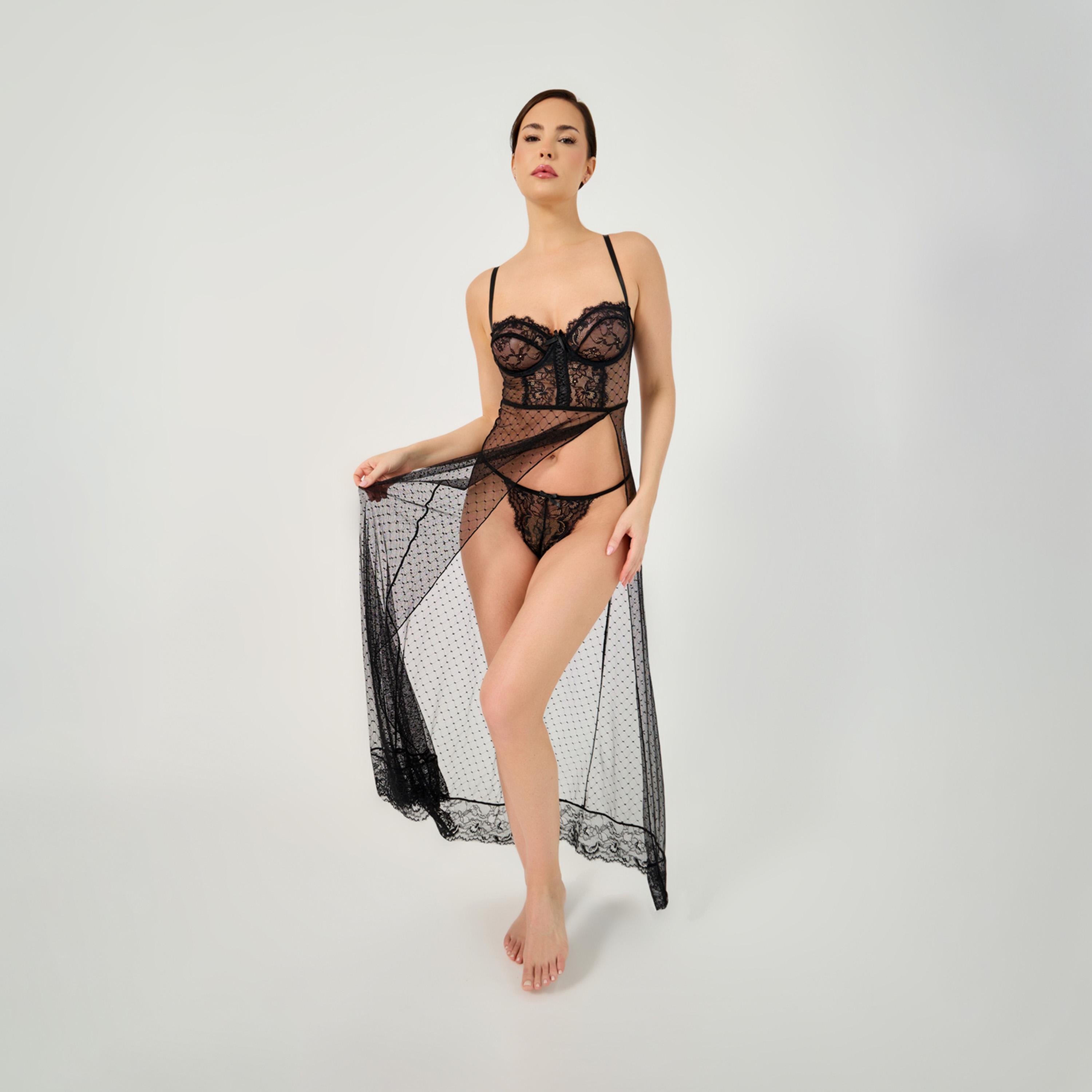 ستايلي - بيبي دول دانتيل بدون بطانة بسلك وأجزاء شبكية مع ملابس داخلية من الدانتيل-women-clothing-lingerie-babydollsandbodysuits-image-1