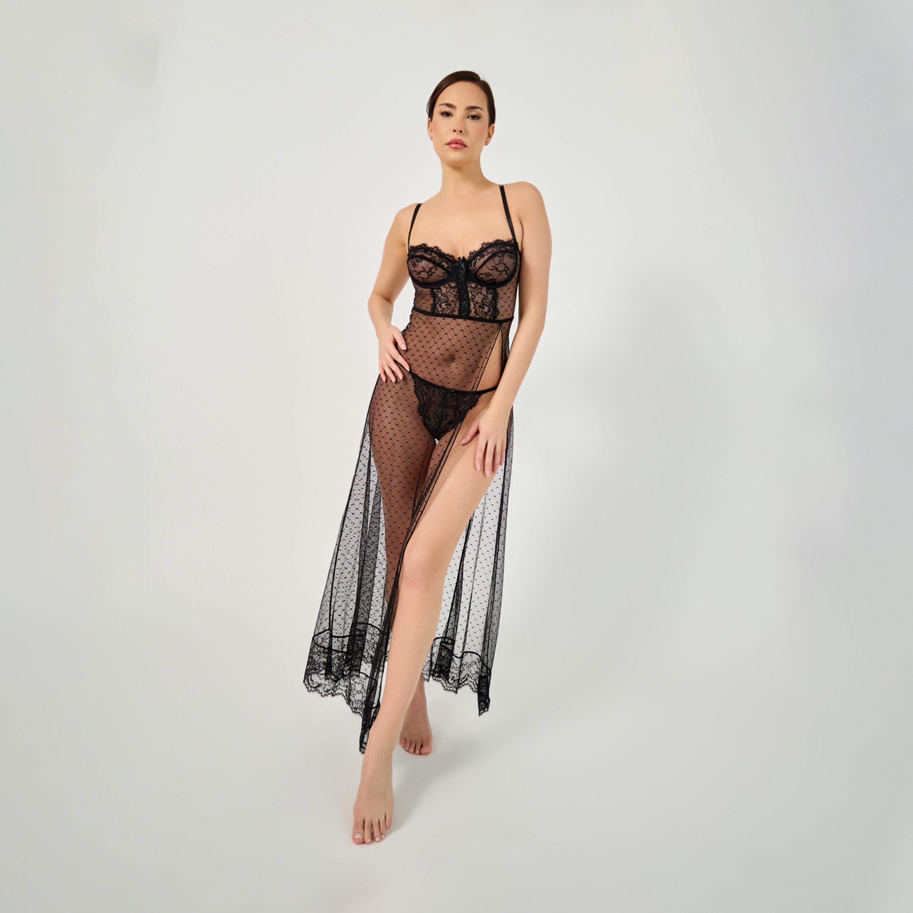 ستايلي - بيبي دول دانتيل بدون بطانة بسلك وأجزاء شبكية مع ملابس داخلية من الدانتيل-women-clothing-lingerie-babydollsandbodysuits-image-2