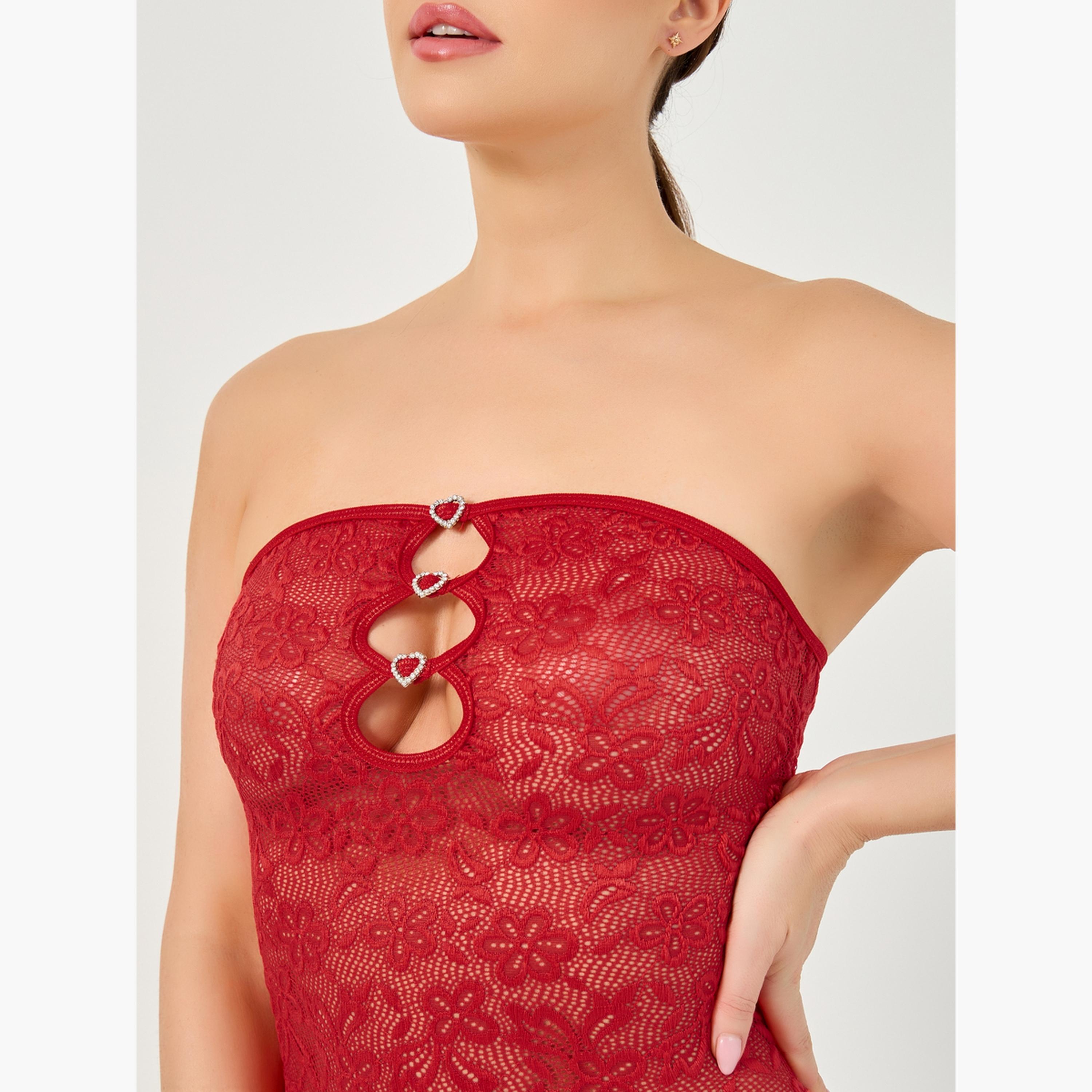 ستايلي - فستان دانتيل بفتحات متعددة وشكل قلب مع سروال داخلي-women-clothing-lingerie-babydollsandbodysuits-image-2