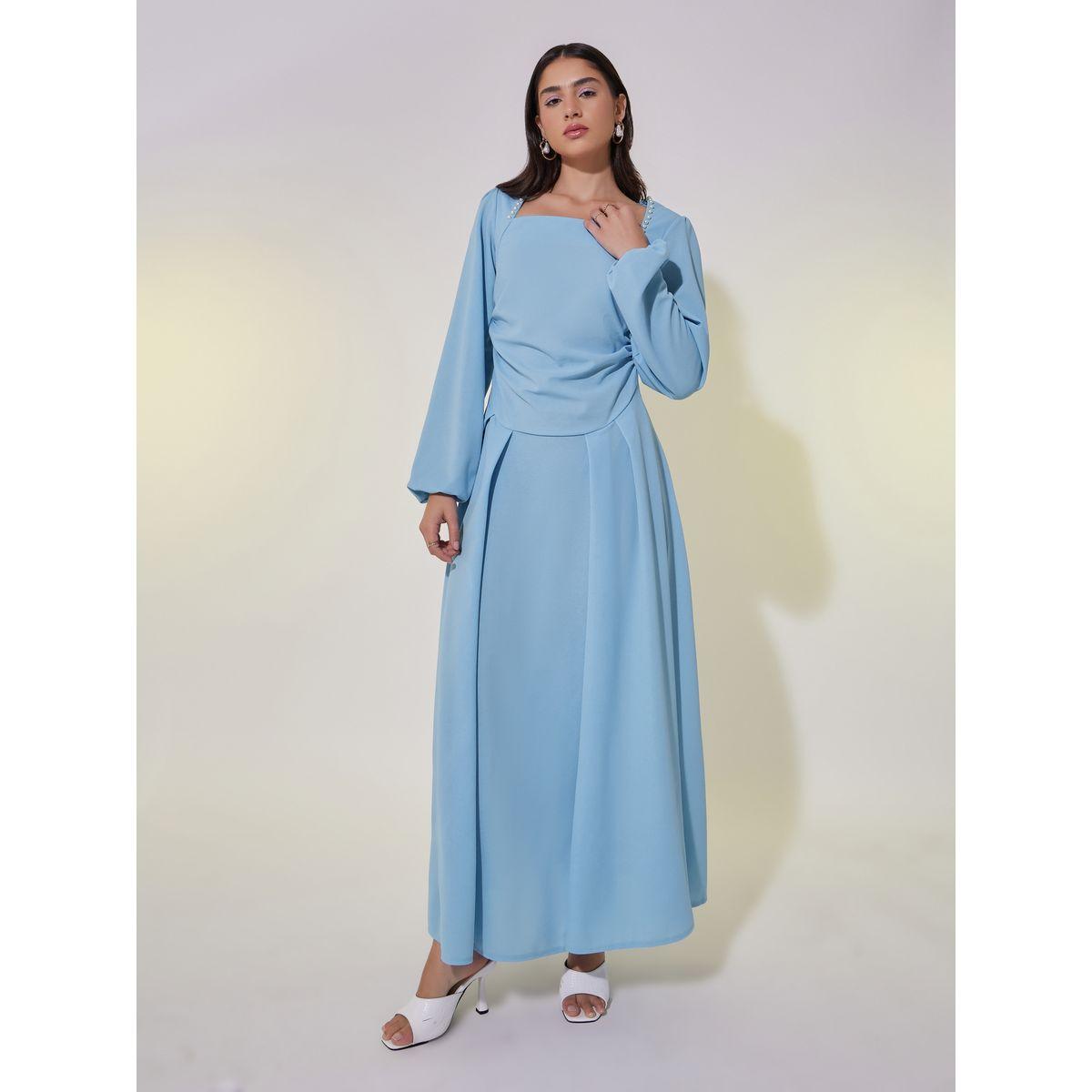 فستان طويل سادة بياقة مربعة وتفاصيل مُجمعة-women-clothing-dresses-image-5