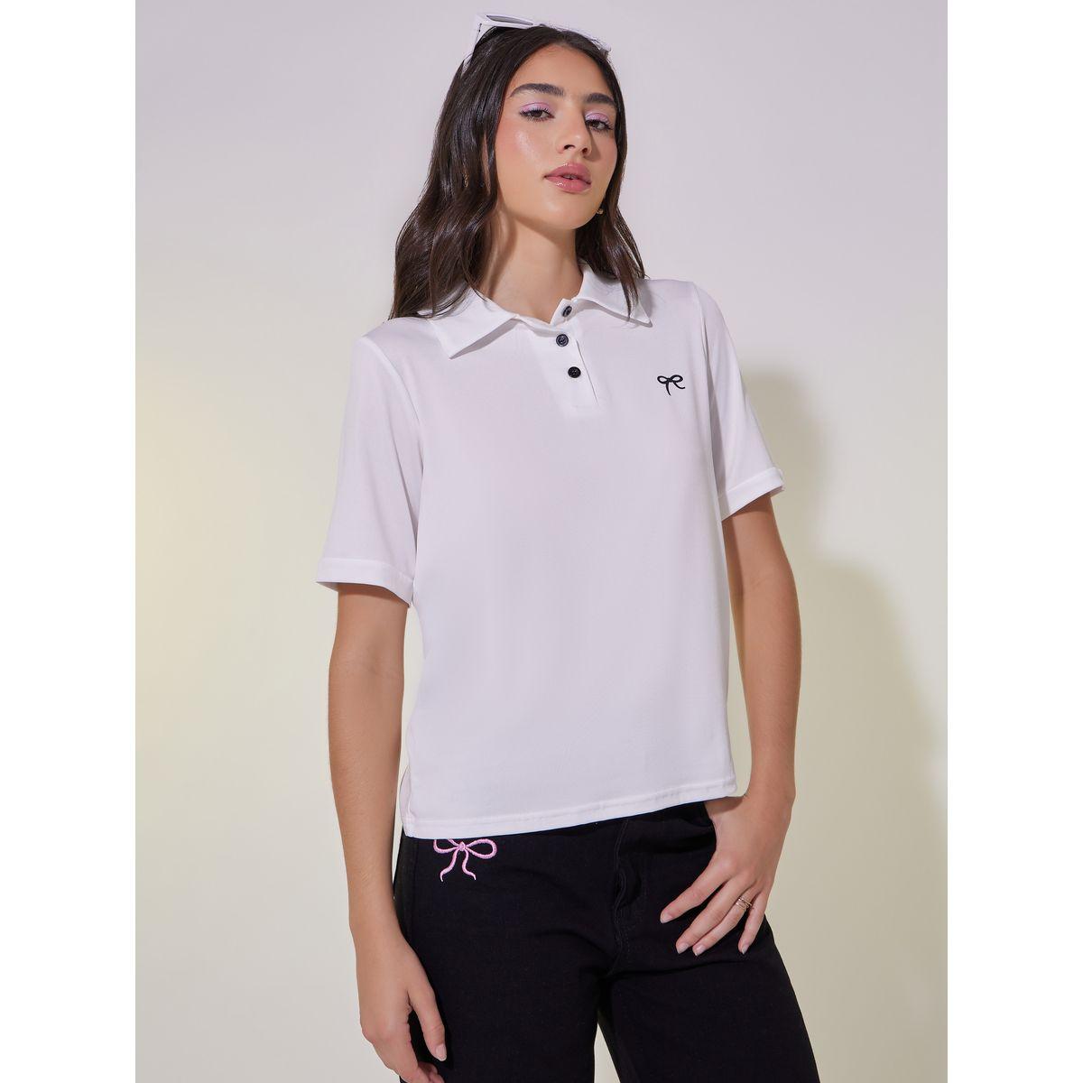 Bow Print Detail Short Sleeve Polo T-Shirt-women-clothing-tshirts-image-3